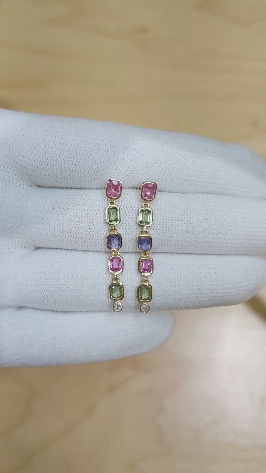 1.97 Ct.Tw. Multi Color Sapphire and Natural Diamond Bezel Earrings, 14K Rose Gold Size Video