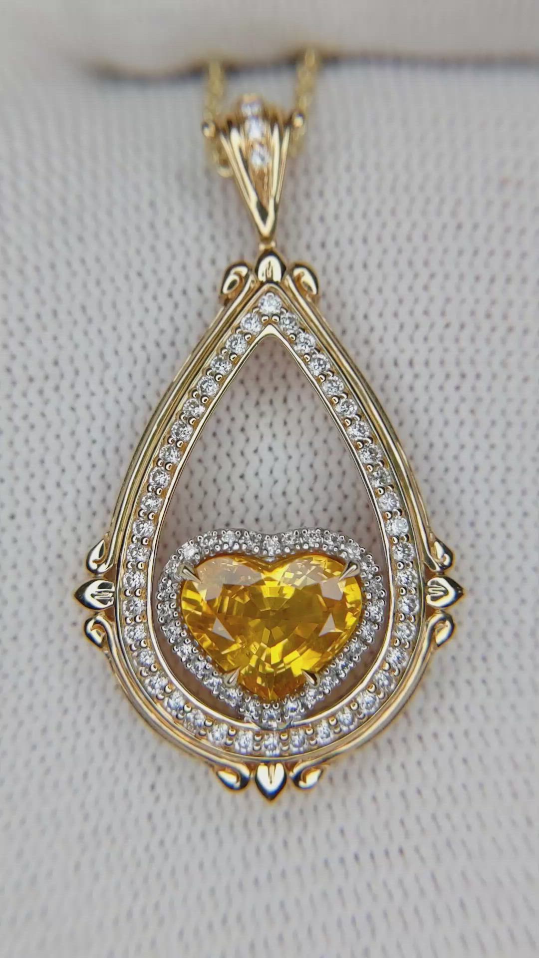 2.51 Ct. Yellow Sapphire and Natural Diamond Antique Style Pendant, 18K White & Yellow Size Video
