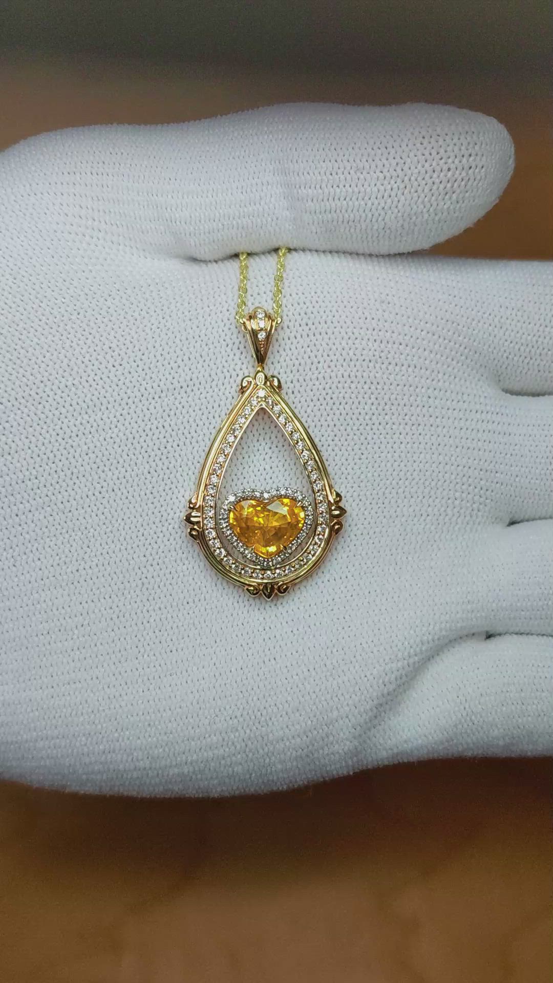 2.51 Ct. Yellow Sapphire and Natural Diamond Antique Style Pendant, 18K White & Yellow Size Video