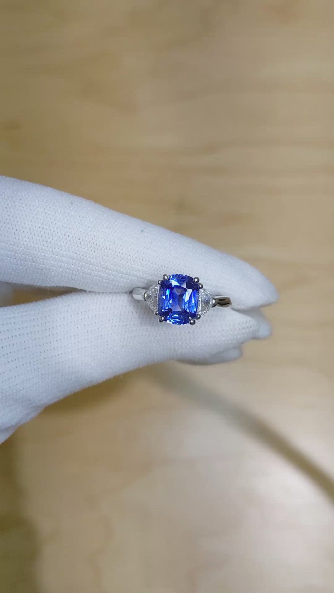 3.07 Ct. Blue Sapphire and Natural Diamond Three Stone Ring, Platinum 950 Size Video