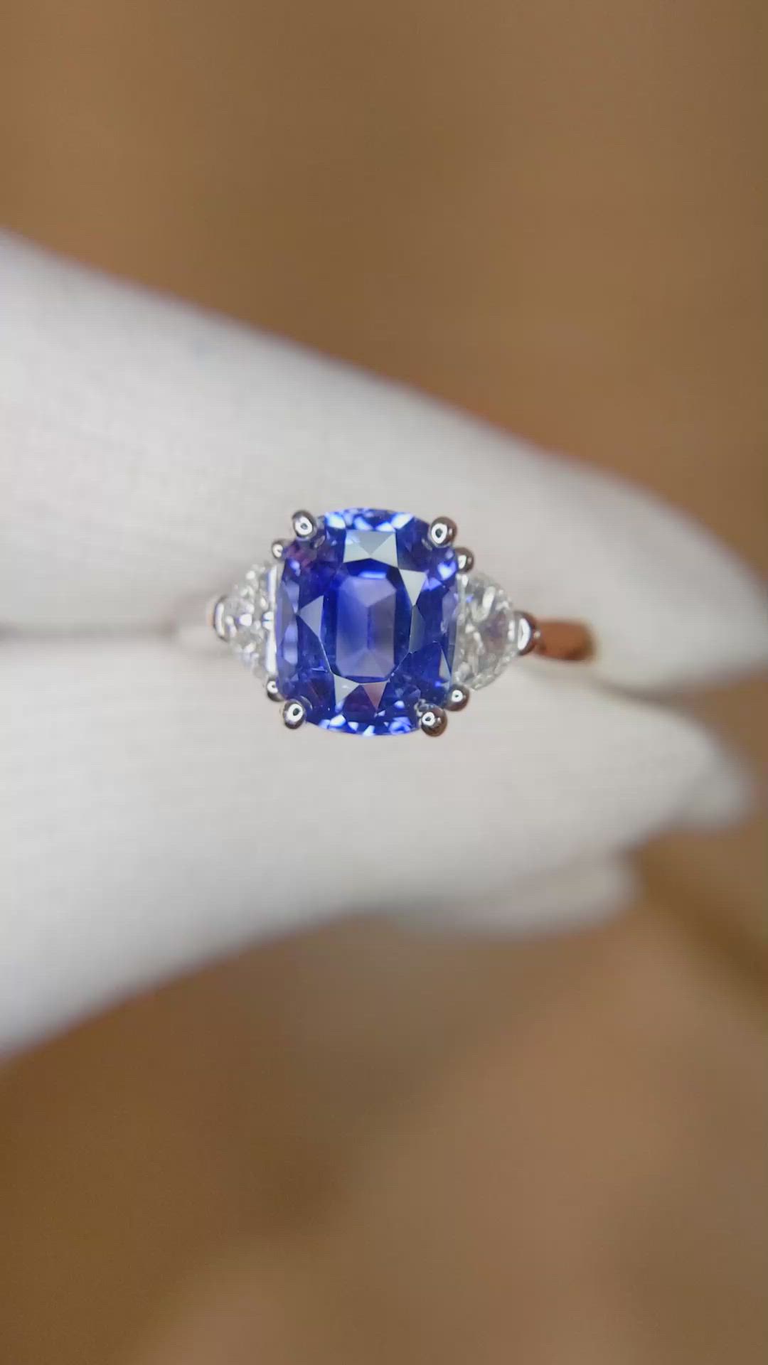 3.07 Ct. Blue Sapphire and Natural Diamond Three Stone Ring, Platinum 950 Size Video