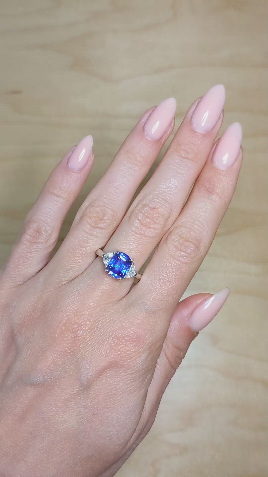 3.07 Ct. Blue Sapphire and Natural Diamond Three Stone Ring, Platinum 950 Size Video