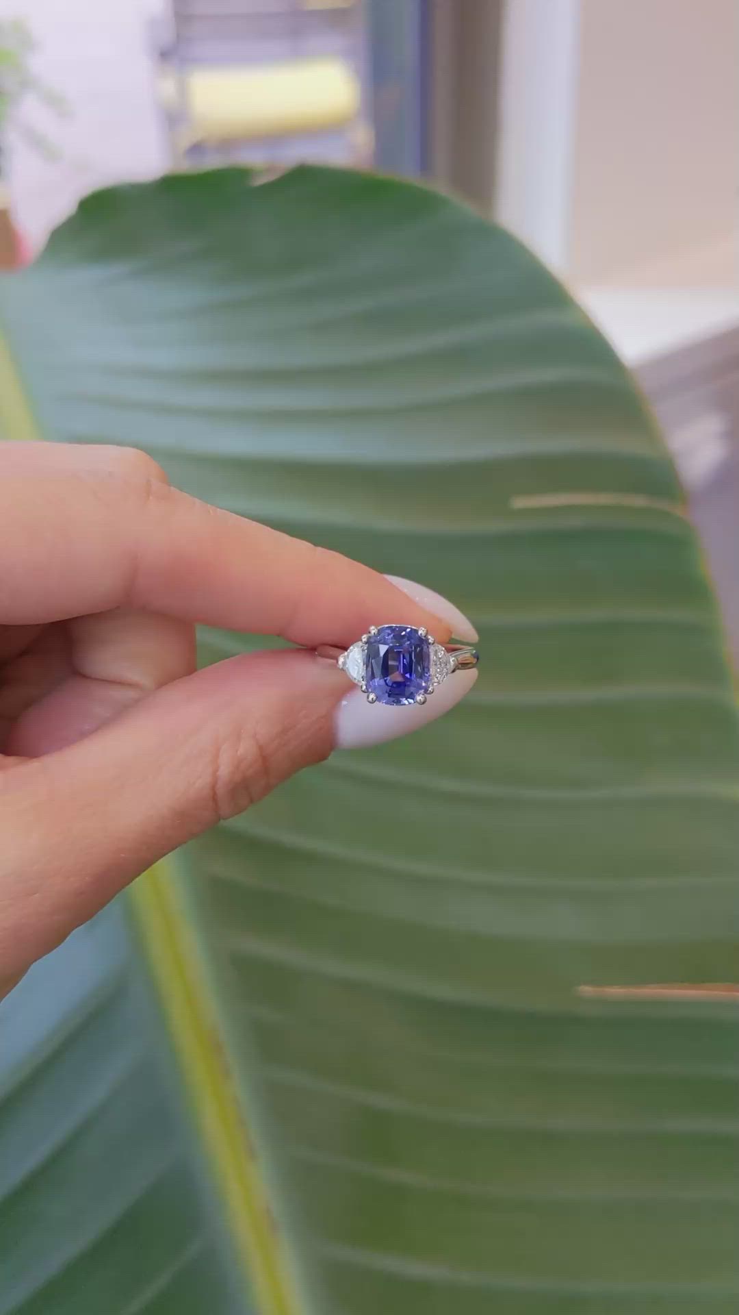 3.07 Ct. Blue Sapphire and Natural Diamond Three Stone Ring, Platinum 950 Size Video