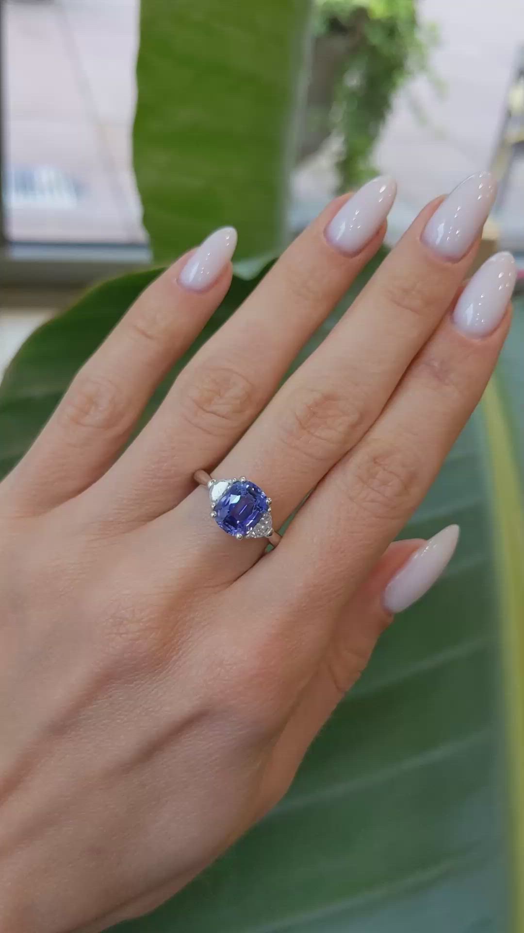 3.07 Ct. Blue Sapphire and Natural Diamond Three Stone Ring, Platinum 950 Size Video