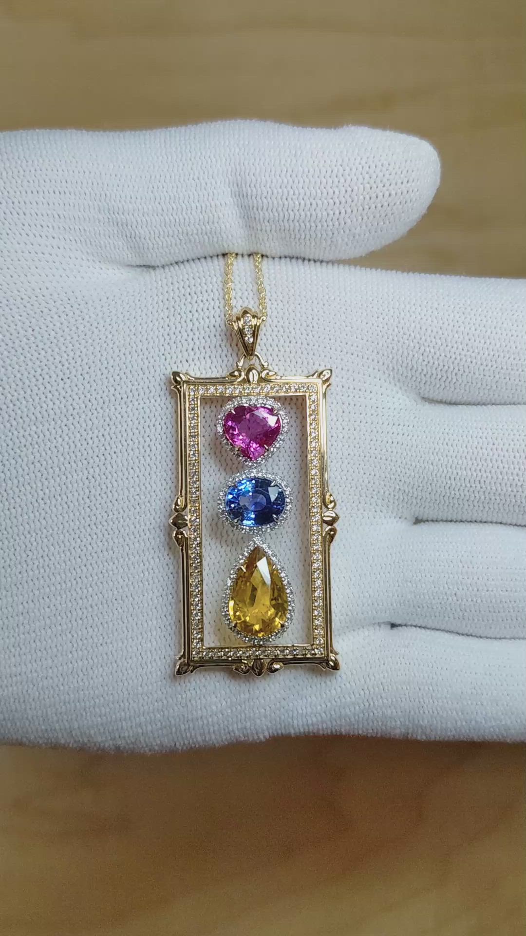 1.93 Ct. Mixed Sapphire and Natural Diamond Antique Style Pendant, 18K White & Yellow Size Video