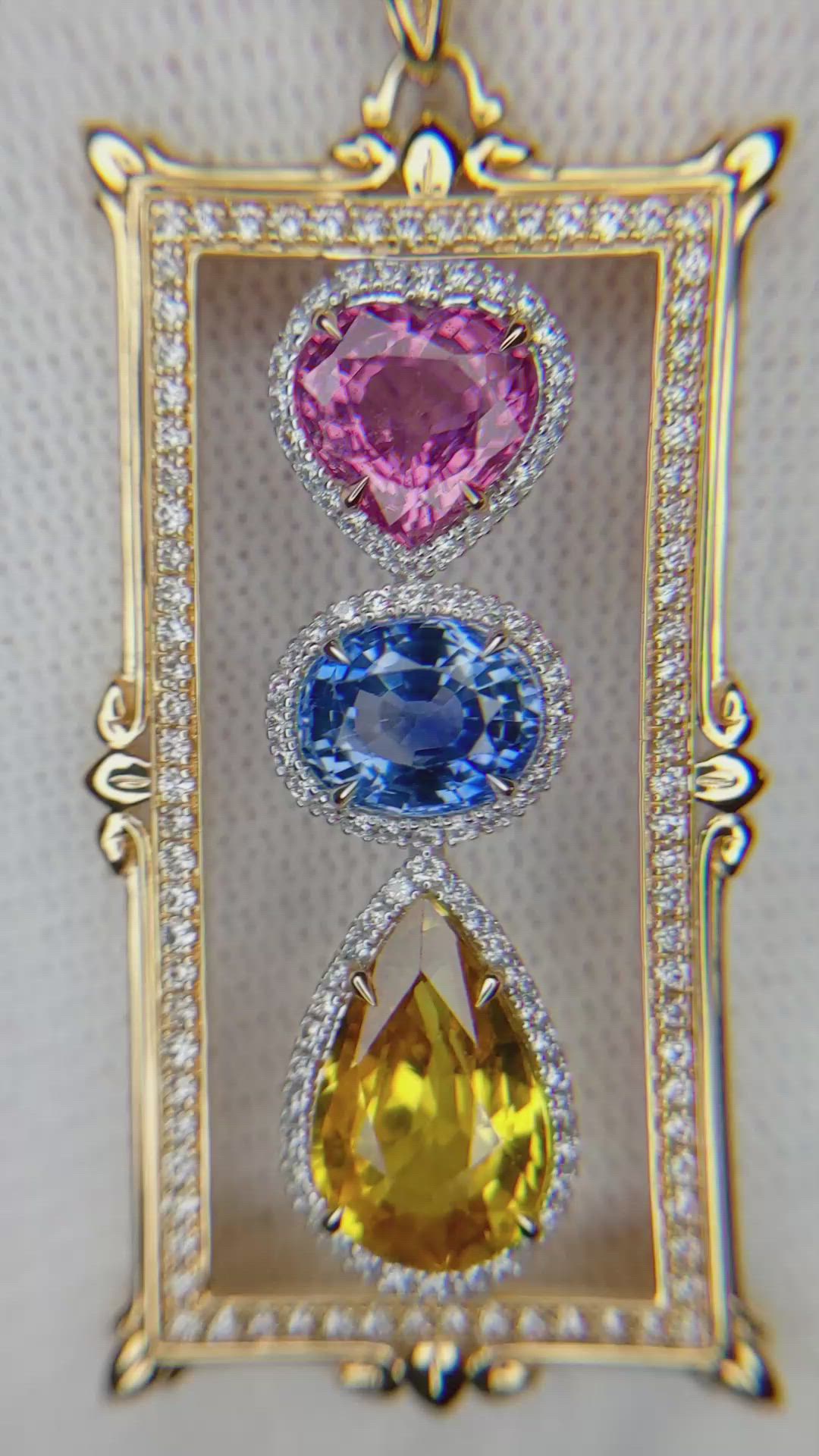 1.93 Ct. Mixed Sapphire and Natural Diamond Antique Style Pendant, 18K White & Yellow Size Video