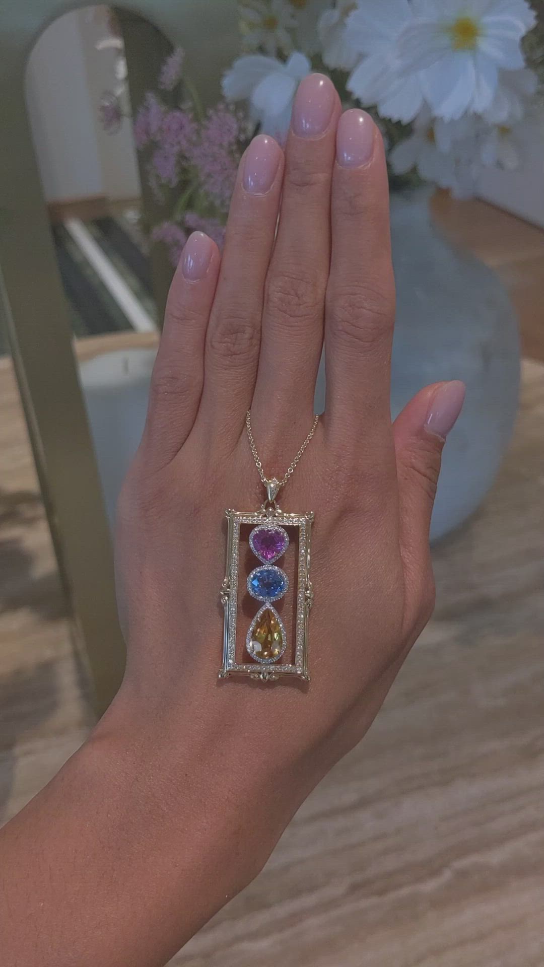 1.93 Ct. Mixed Sapphire and Natural Diamond Antique Style Pendant, 18K White & Yellow Size Video