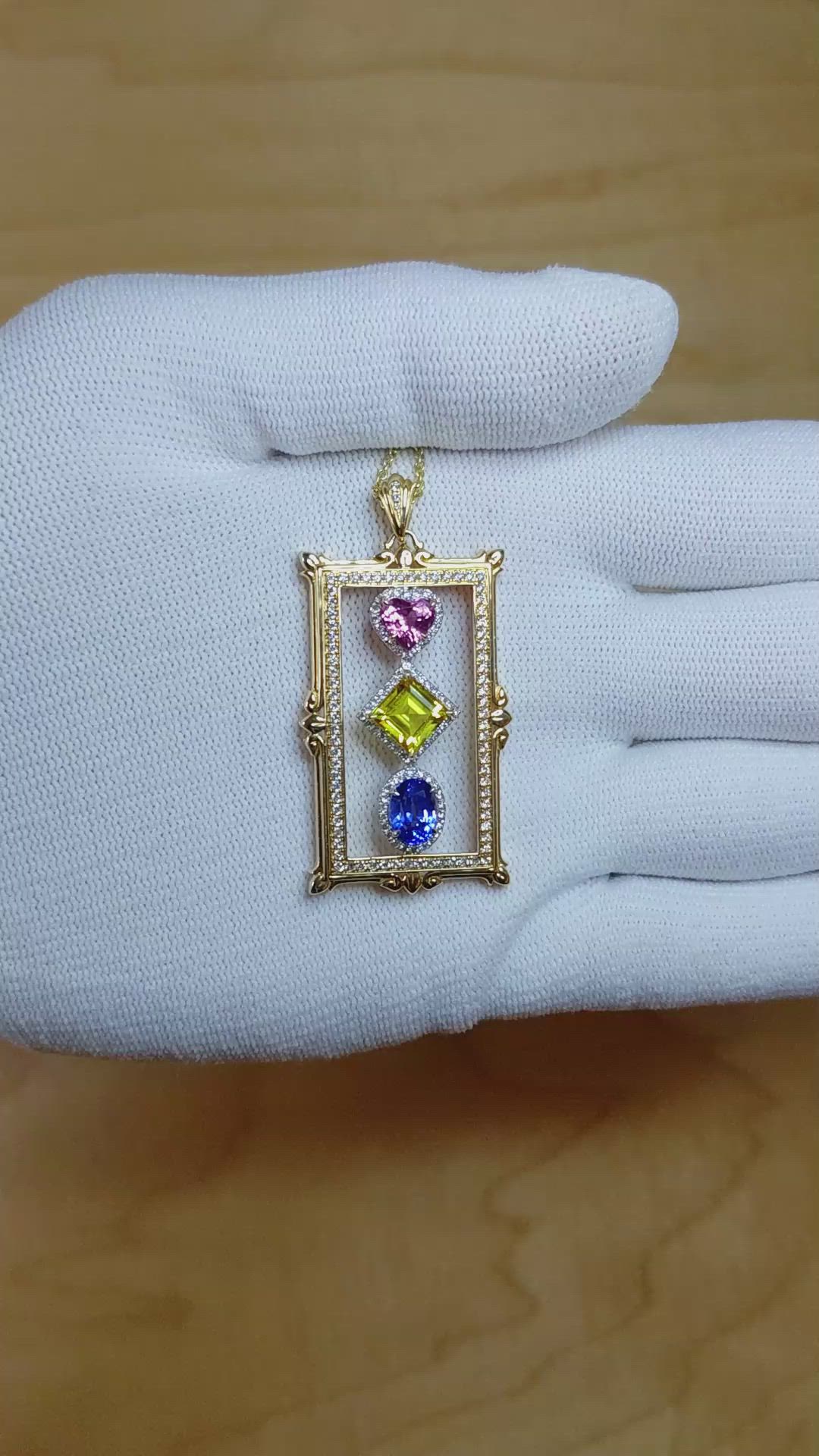 1.02 Ct. Mixed Sapphire and Natural Diamond Pave Pendant, 18K White & Yellow Size Video
