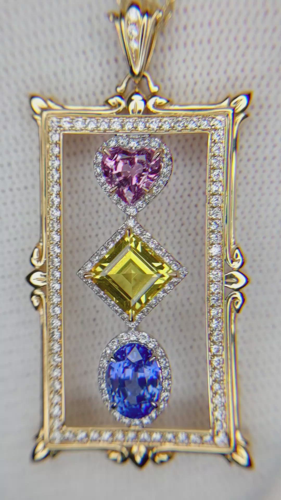 1.02 Ct. Mixed Sapphire and Natural Diamond Pave Pendant, 18K White & Yellow Size Video