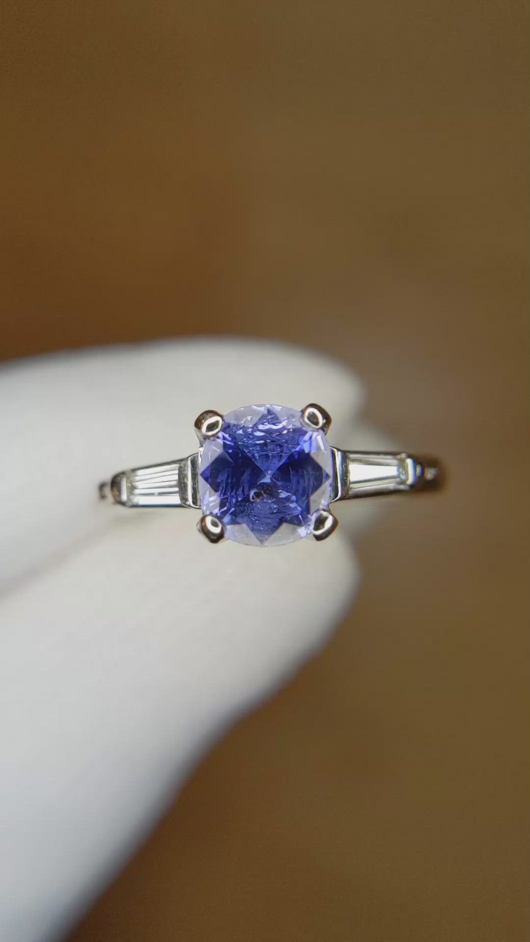 1.26 Ct. Purplish Blue Sapphire and Natural Diamond Three Stone Ring, Platinum 950 Size Video