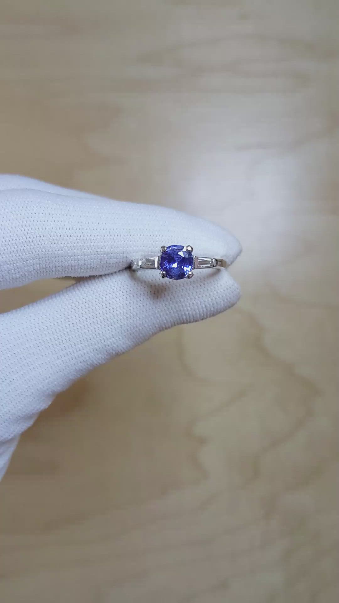 1.26 Ct. Purplish Blue Sapphire and Natural Diamond Three Stone Ring, Platinum 950 Size Video