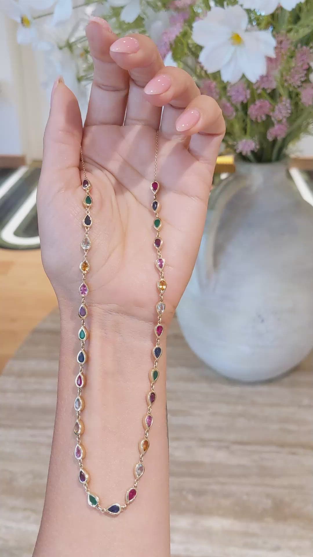 1.70 Ct. Mixed Sapphire, Purple Amethyst, Emerald, Ruby, Blue Aquamarine and Orangish Yellow Citrine Bezel Necklace, 14K Yellow Gold Size Video