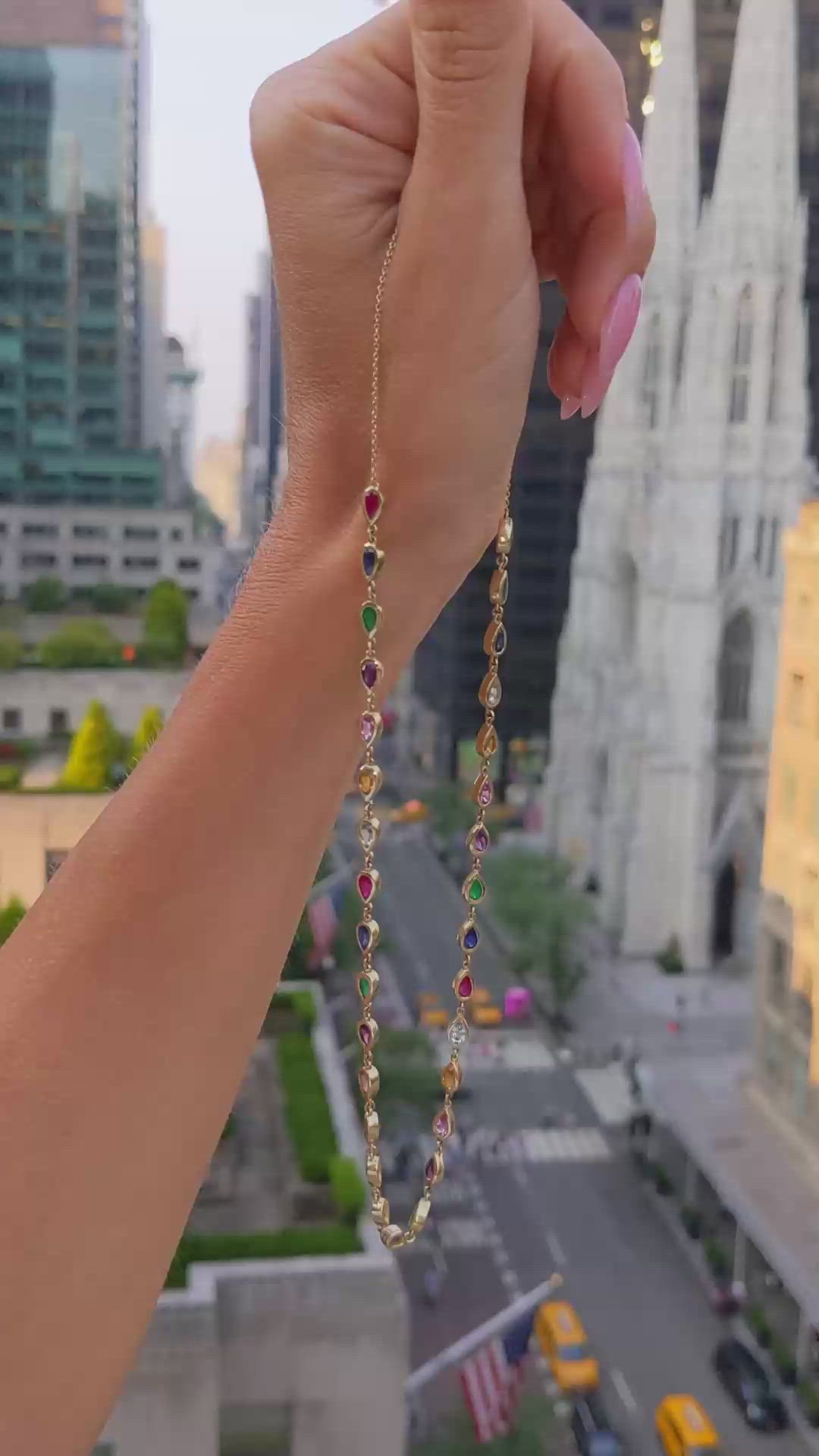 1.70 Ct. Mixed Sapphire, Purple Amethyst, Emerald, Ruby, Blue Aquamarine and Orangish Yellow Citrine Bezel Necklace, 14K Yellow Gold Size Video