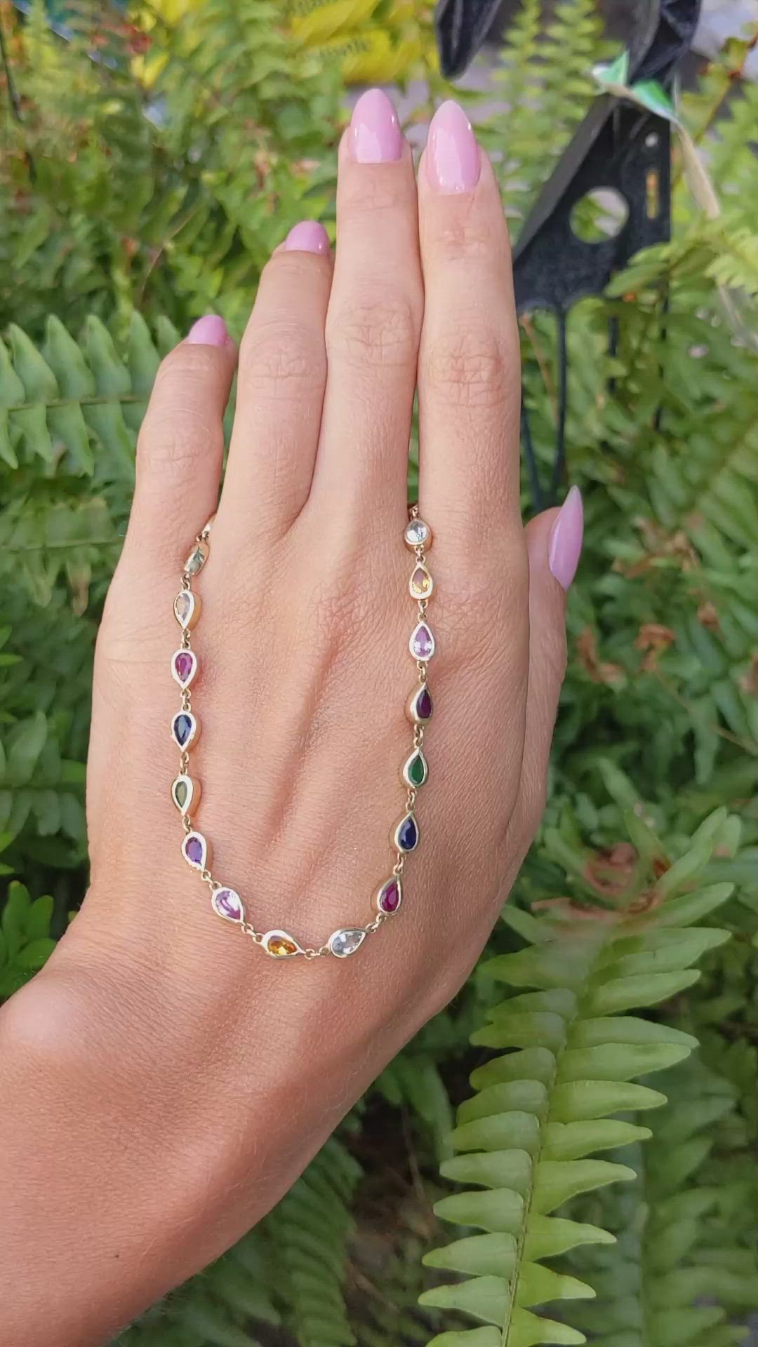 1.70 Ct. Mixed Sapphire, Purple Amethyst, Emerald, Ruby, Blue Aquamarine and Orangish Yellow Citrine Bezel Necklace, 14K Yellow Gold Size Video