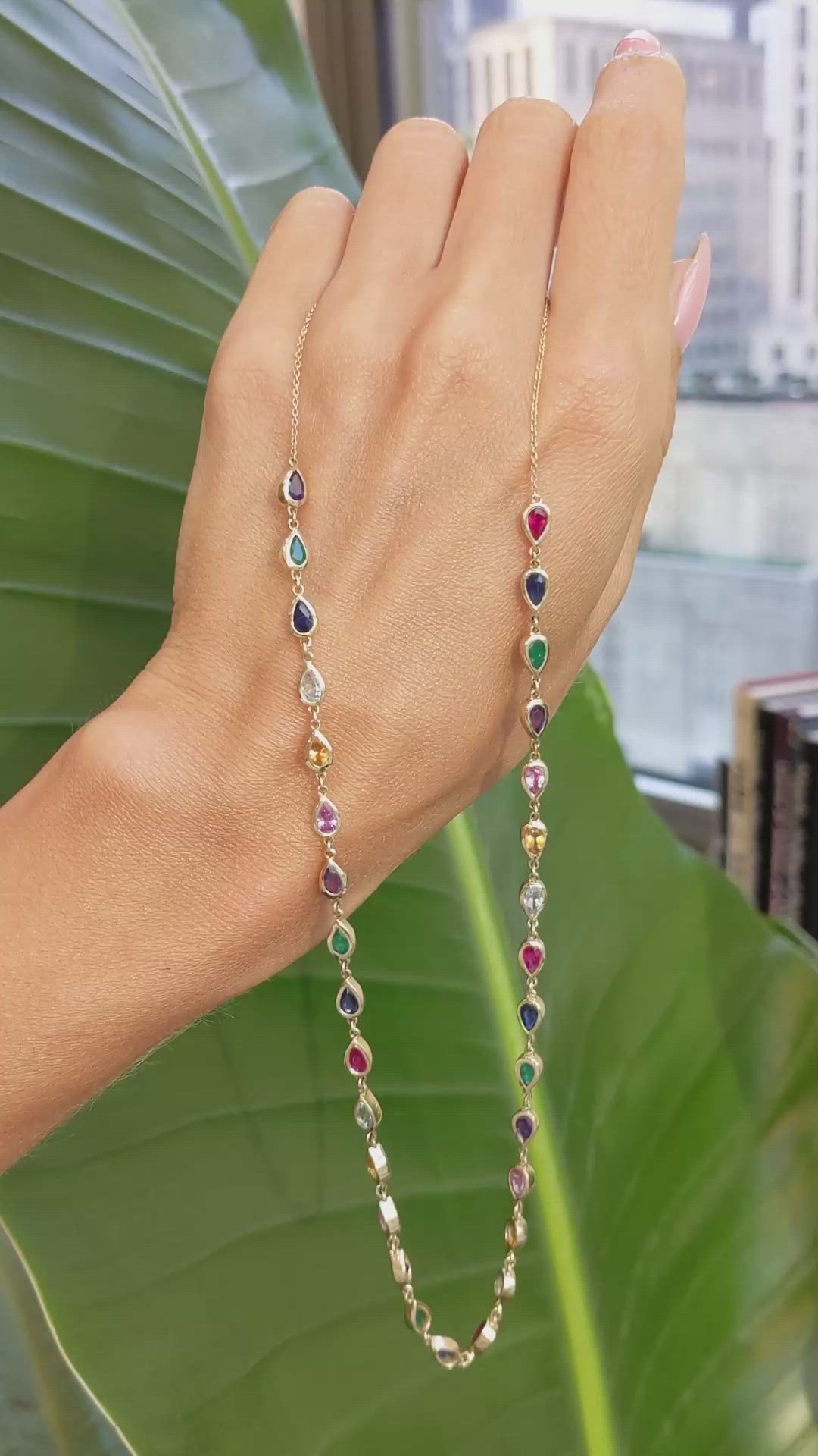 1.70 Ct. Mixed Sapphire, Purple Amethyst, Emerald, Ruby, Blue Aquamarine and Orangish Yellow Citrine Bezel Necklace, 14K Yellow Gold Size Video