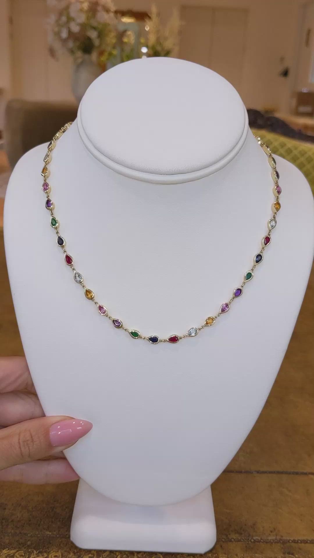 1.70 Ct. Mixed Sapphire, Purple Amethyst, Emerald, Ruby, Blue Aquamarine and Orangish Yellow Citrine Bezel Necklace, 14K Yellow Gold Size Video