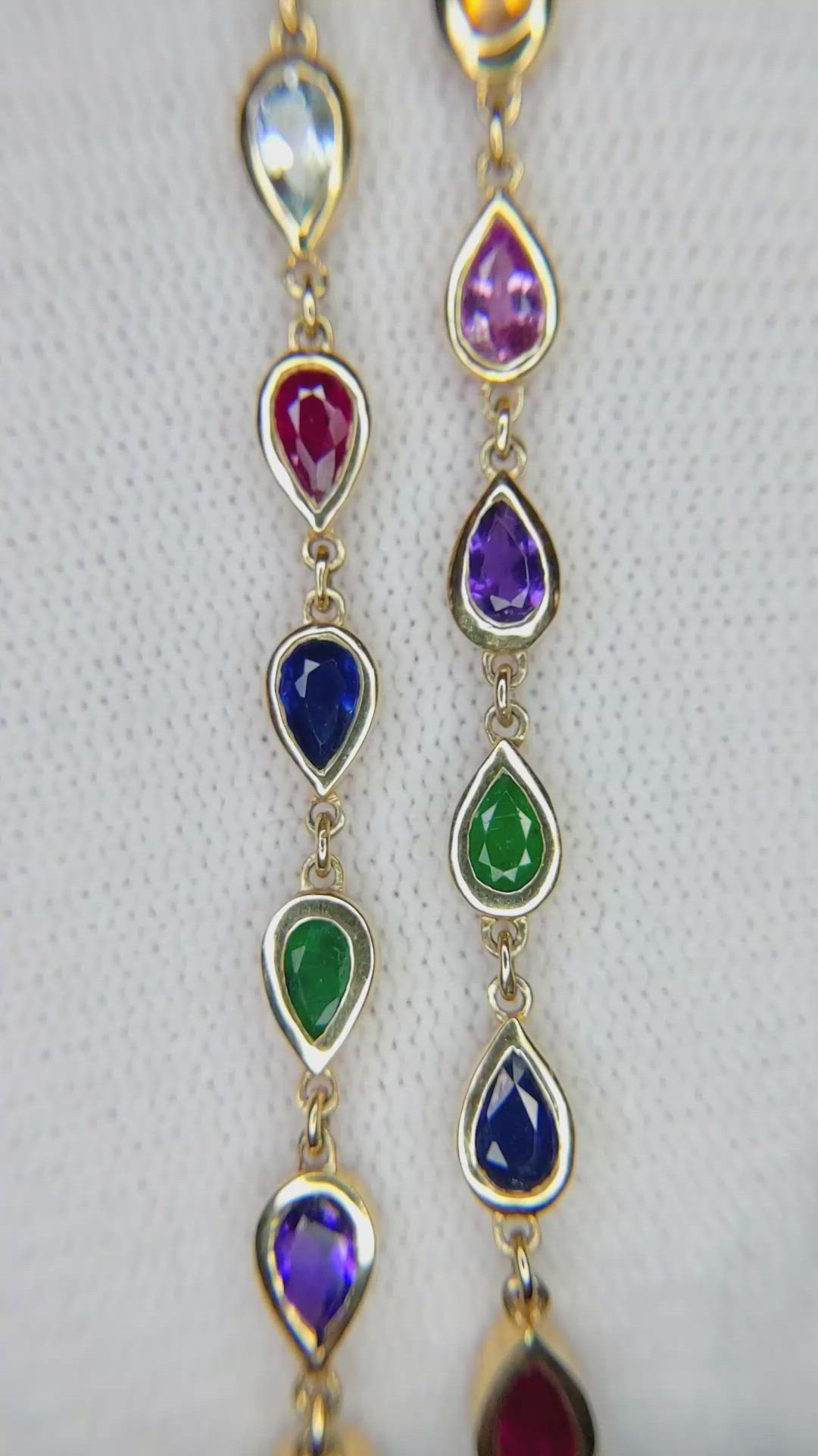 1.70 Ct. Mixed Sapphire, Purple Amethyst, Emerald, Ruby, Blue Aquamarine and Orangish Yellow Citrine Bezel Necklace, 14K Yellow Gold Size Video