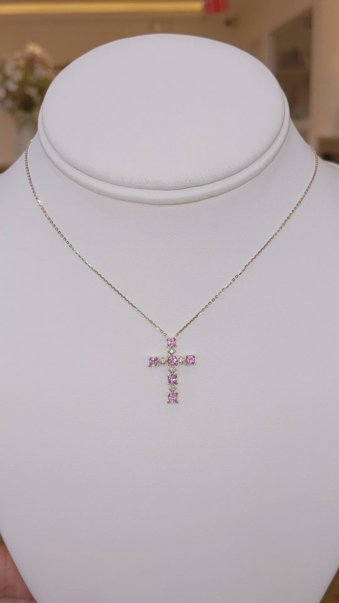 0.84 Ct. Pink Sapphire and Natural Diamond Religious Necklace, 14K Yellow Gold Size Video