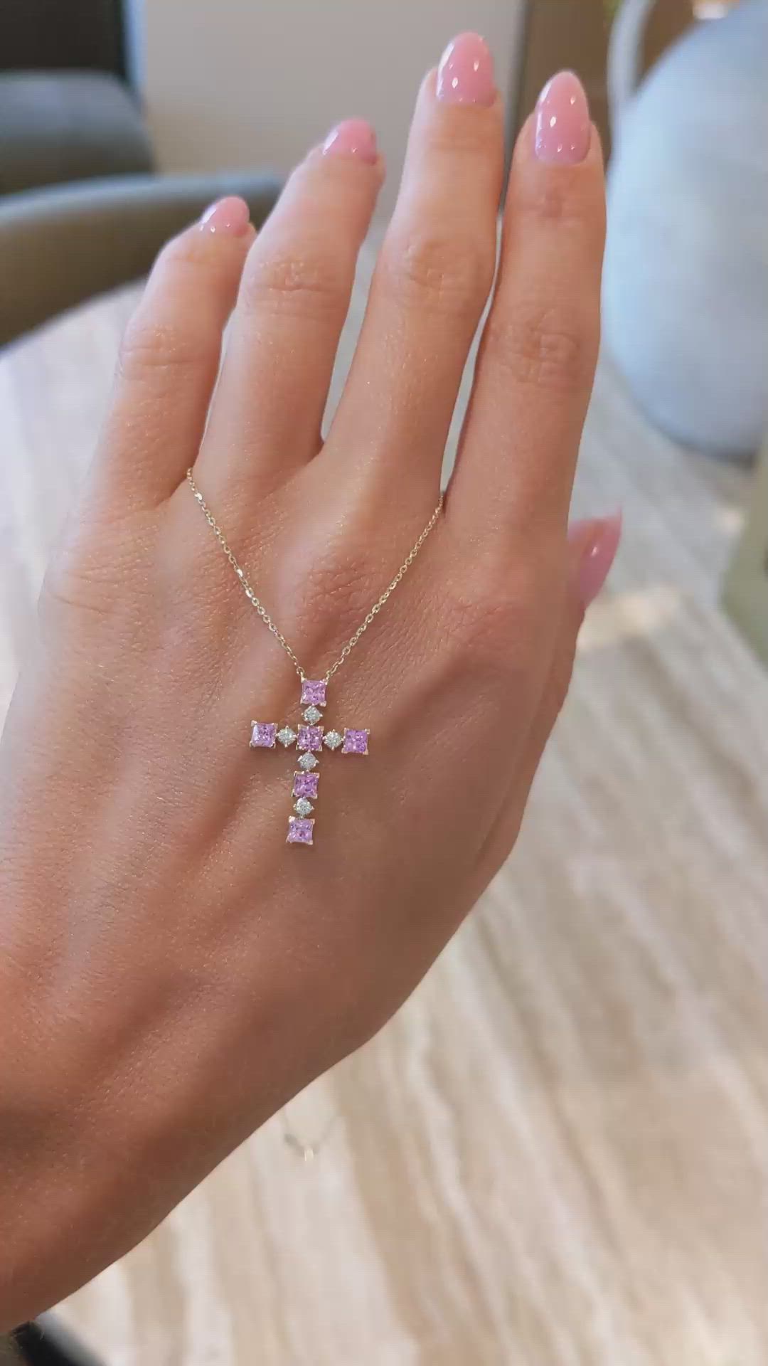 0.84 Ct. Pink Sapphire and Natural Diamond Religious Necklace, 14K Yellow Gold Size Video