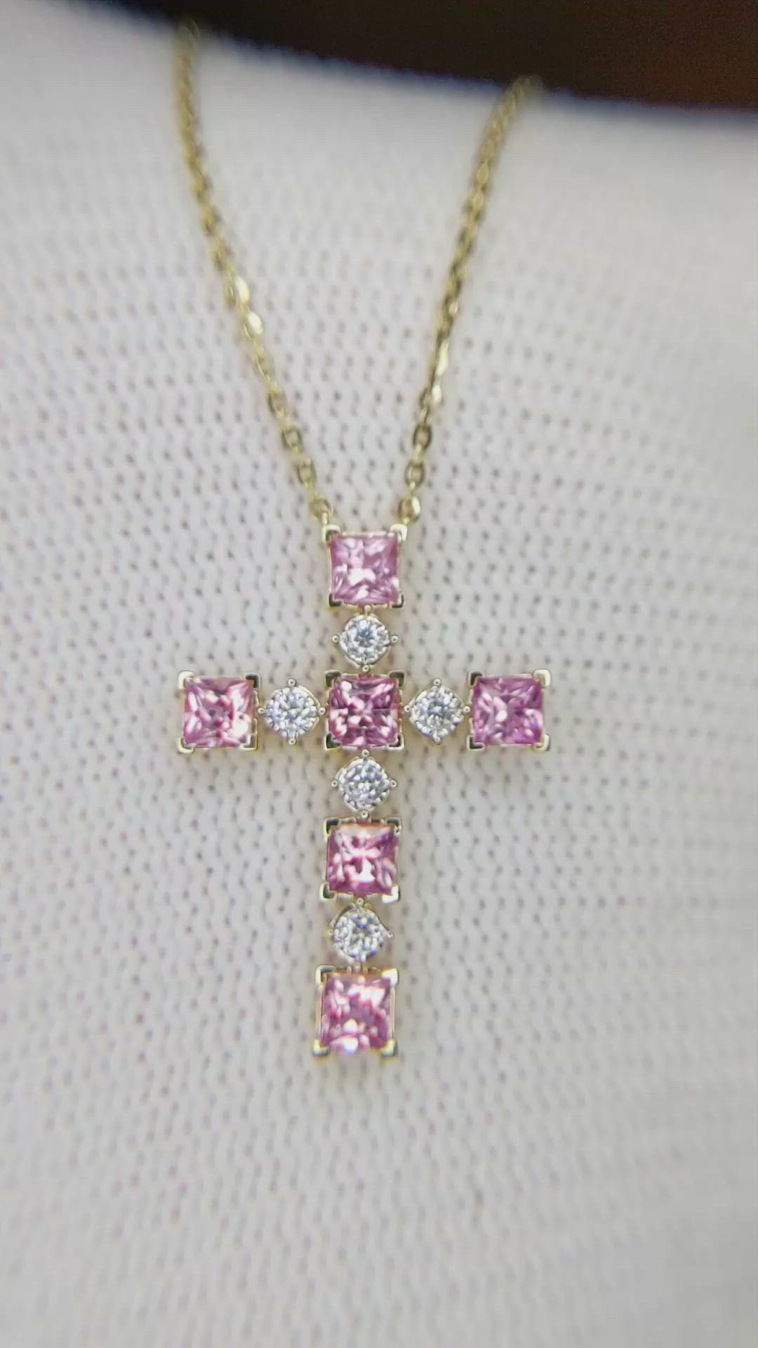 0.84 Ct. Pink Sapphire and Natural Diamond Religious Necklace, 14K Yellow Gold Size Video