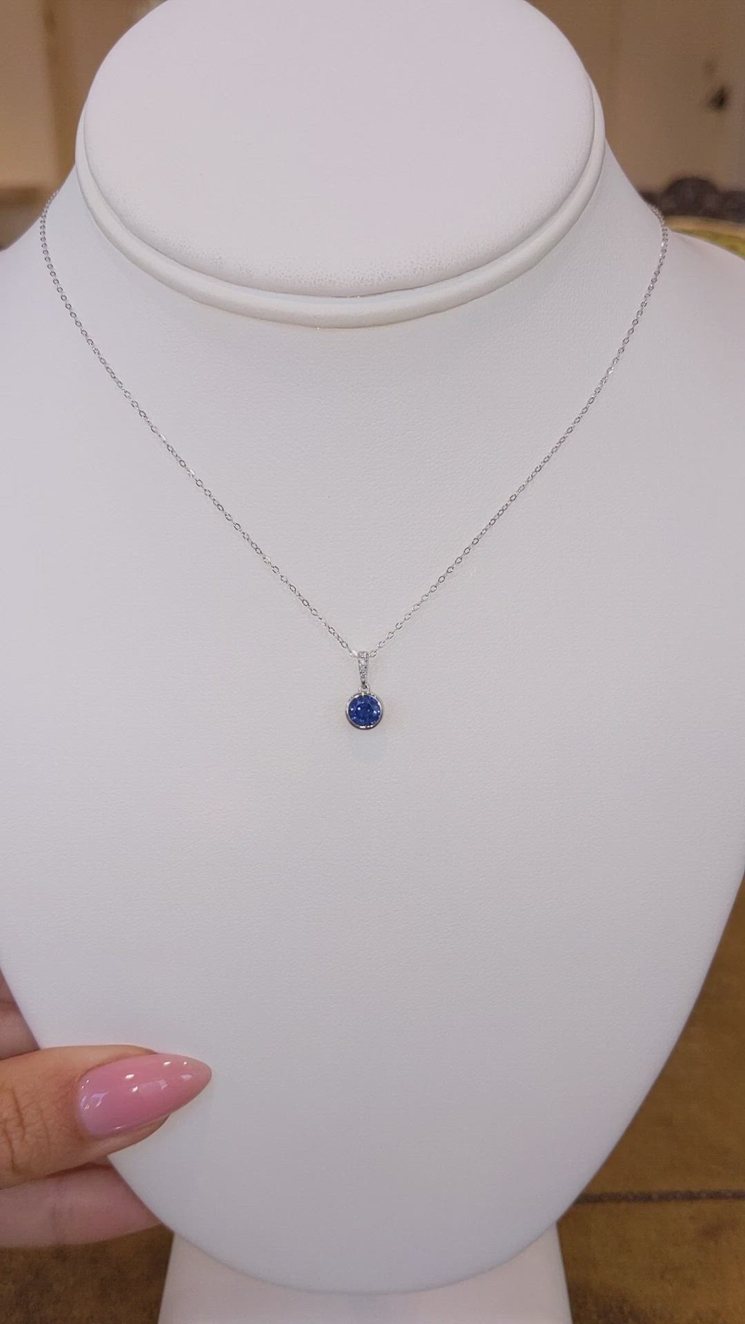 0.72 Ct. Blue Sapphire and Natural Diamond Bezel Pendant, 14K White Gold Size Video