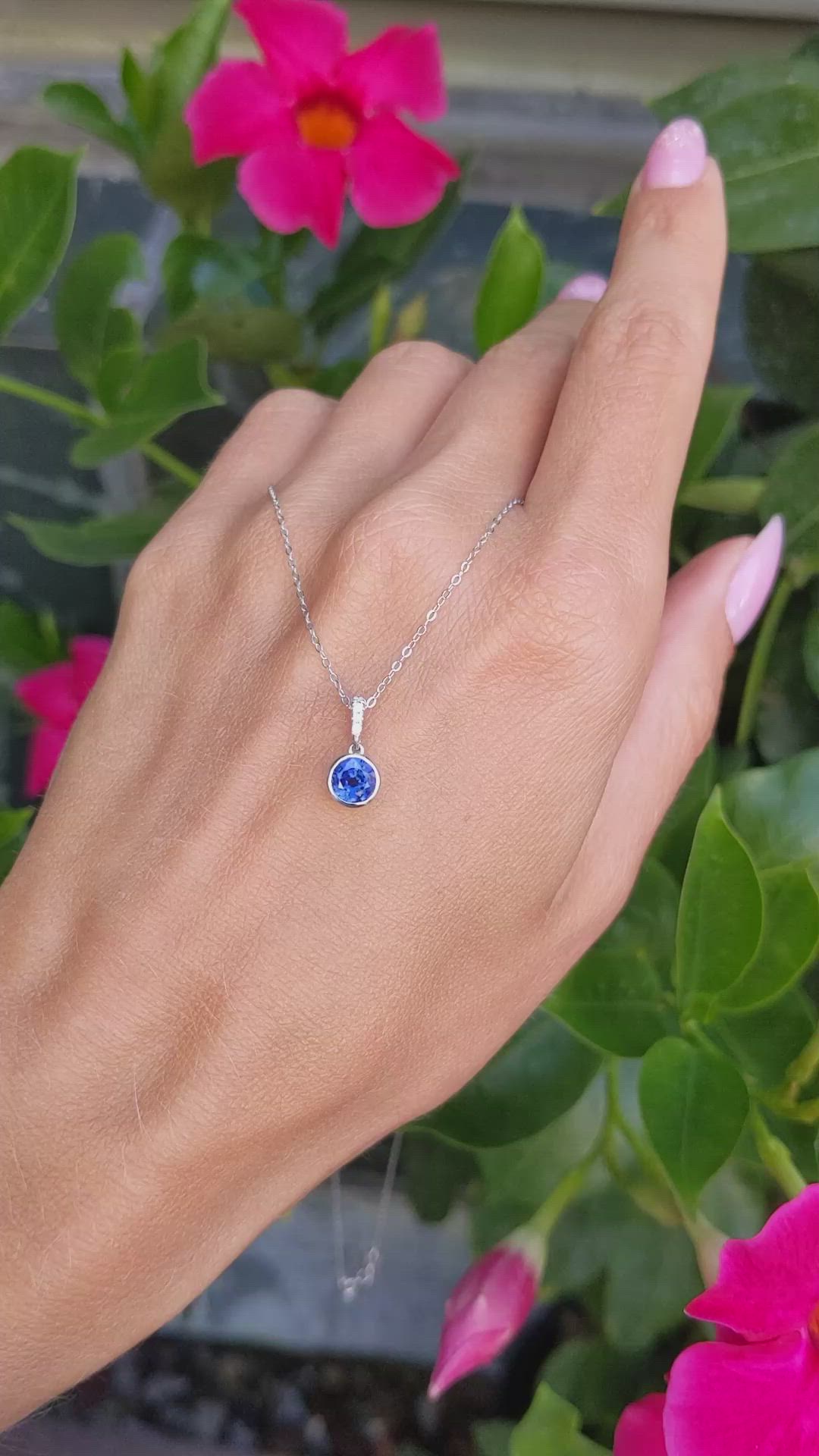 0.72 Ct. Blue Sapphire and Natural Diamond Bezel Pendant, 14K White Gold Size Video