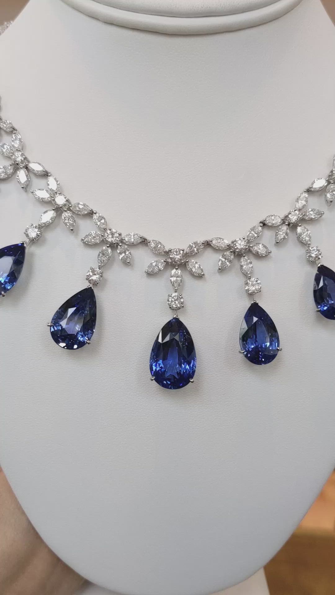 85.03 Ct. Blue Sapphire and Natural Diamond Pave Necklace, 18K White Gold Size Video
