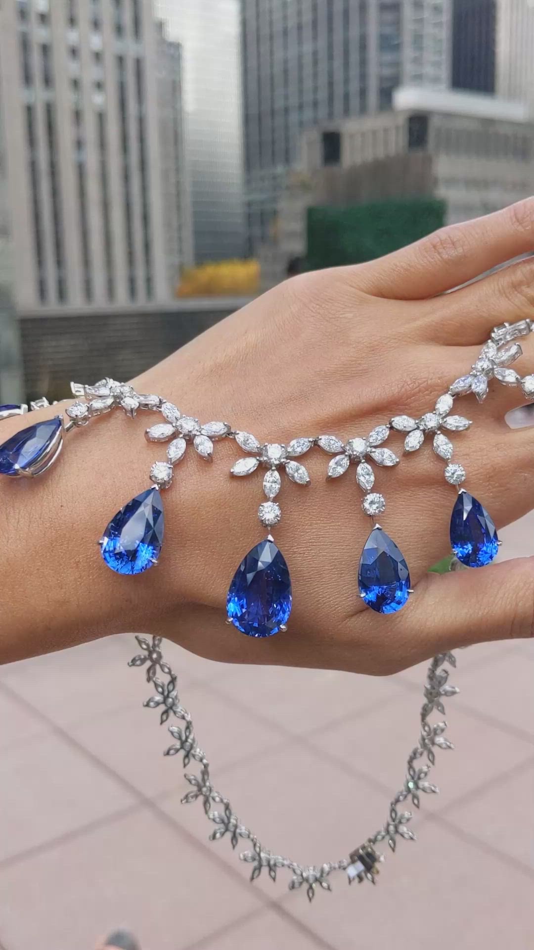 85.03 Ct. Blue Sapphire and Natural Diamond Pave Necklace, 18K White Gold Size Video