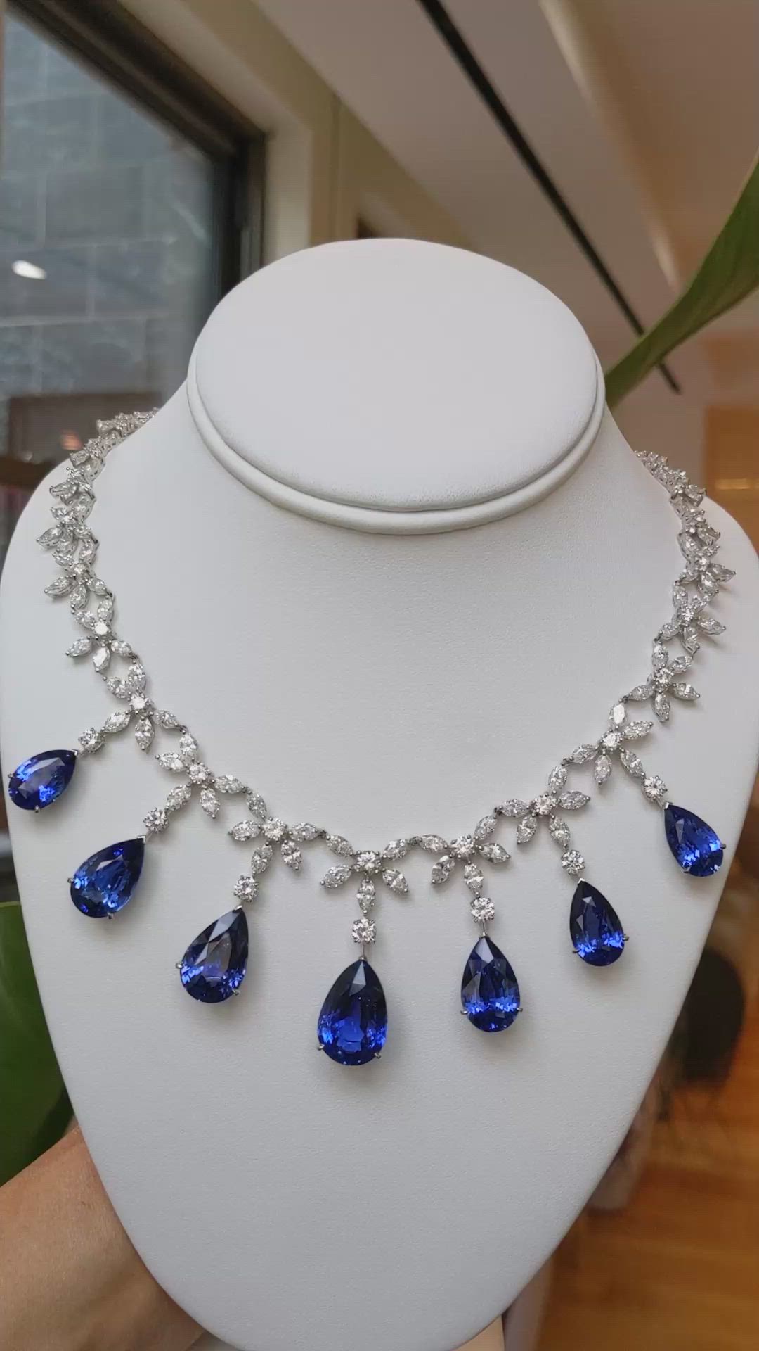 85.03 Ct. Blue Sapphire and Natural Diamond Pave Necklace, 18K White Gold Size Video