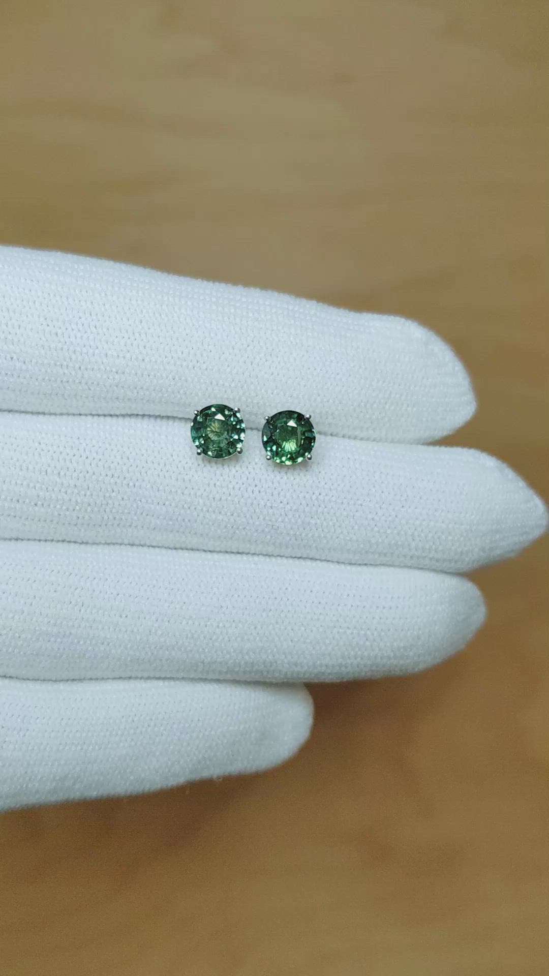 1.95 Ct.Tw. Bluish Green Sapphire Studs Earrings, 14K White Gold Size Video