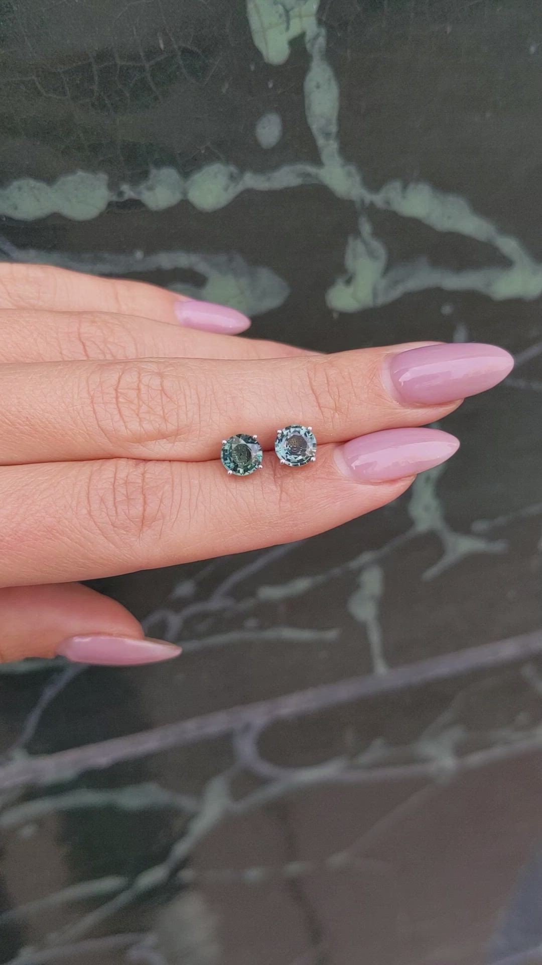 1.95 Ct.Tw. Bluish Green Sapphire Studs Earrings, 14K White Gold Size Video