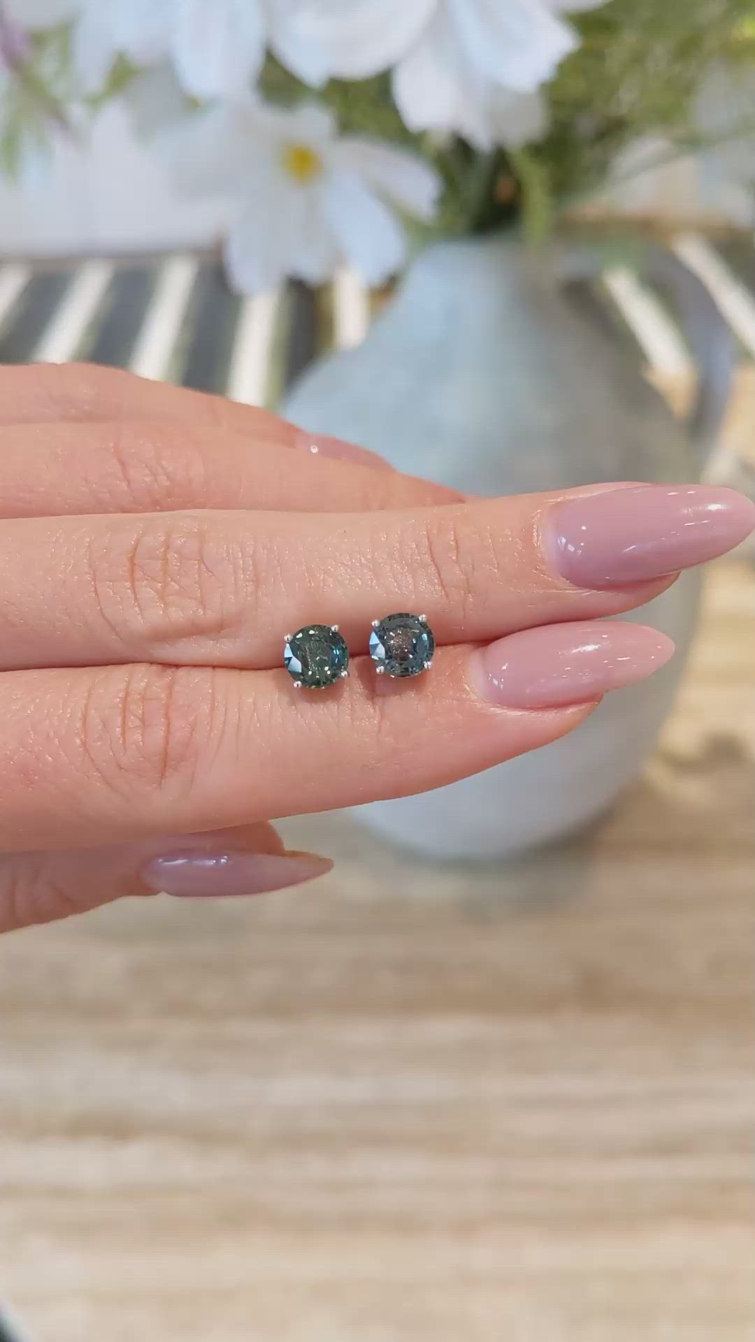 1.95 Ct.Tw. Bluish Green Sapphire Studs Earrings, 14K White Gold Size Video