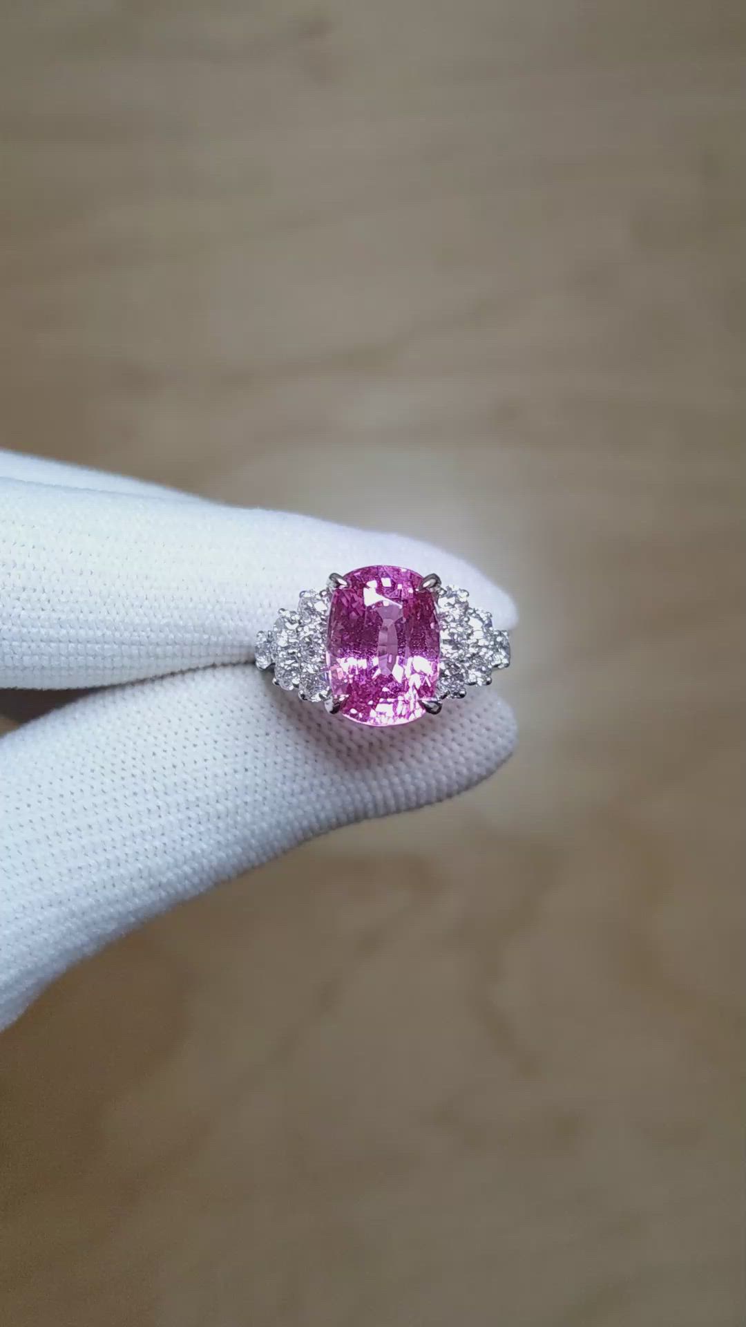 5.47 Ct. Pink Sapphire and Natural Diamond Accent Stones Ring, Platinum 950 Size Video