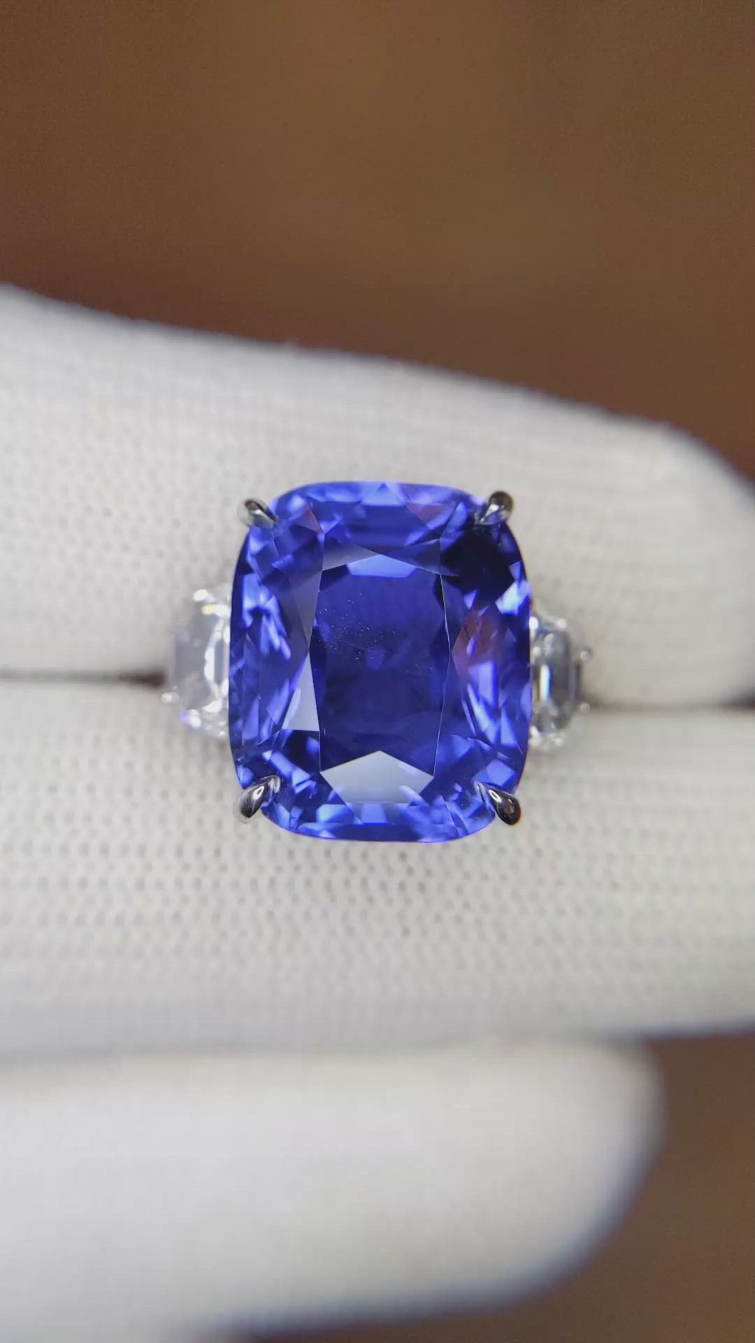 14.01 Ct. Blue Sapphire and Natural Diamond Three Stone Ring, Platinum 950 Size Video