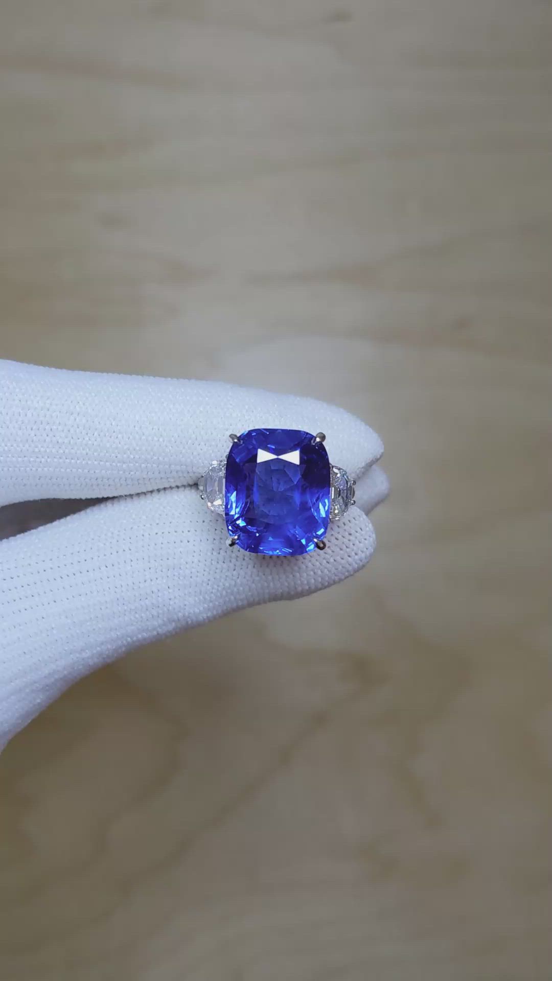 14.01 Ct. Blue Sapphire and Natural Diamond Three Stone Ring, Platinum 950 Size Video