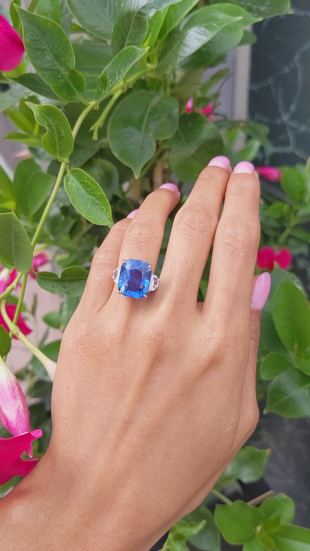 14.01 Ct. Blue Sapphire and Natural Diamond Three Stone Ring, Platinum 950 Size Video