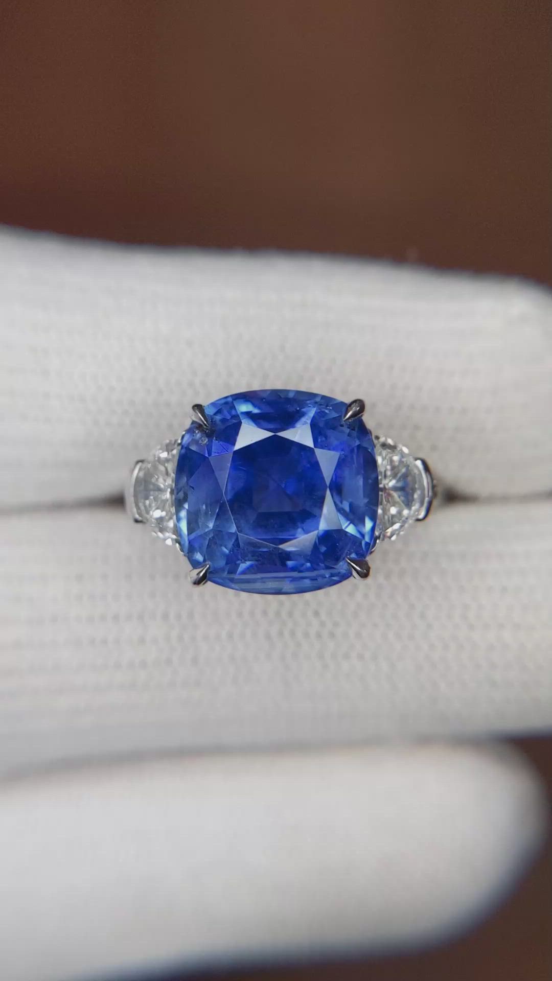 7.60 Ct. Blue Sapphire and Natural Diamond Three Stone Ring, Platinum 950 Size Video
