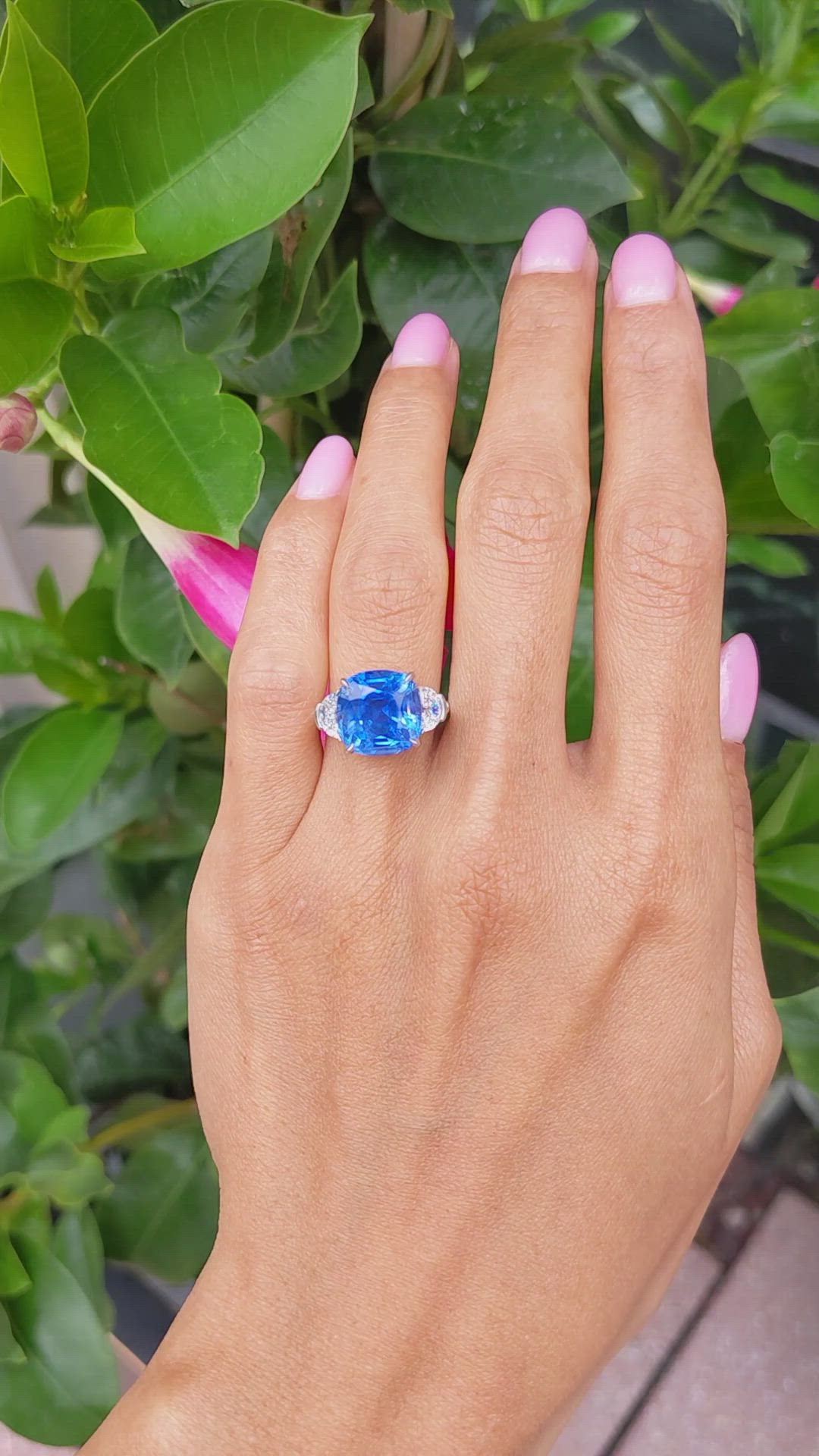 7.60 Ct. Blue Sapphire and Natural Diamond Three Stone Ring, Platinum 950 Size Video