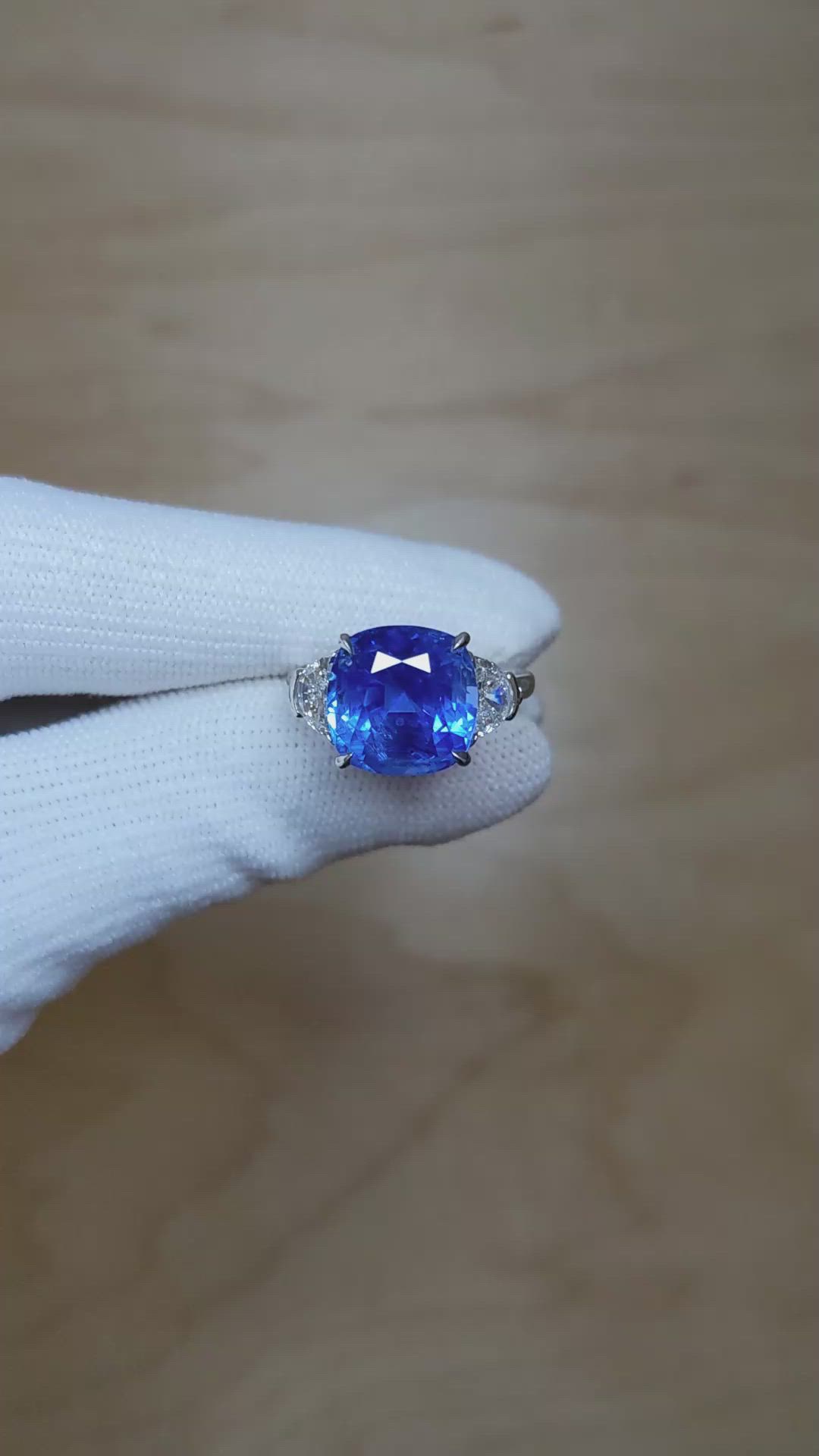 7.60 Ct. Blue Sapphire and Natural Diamond Three Stone Ring, Platinum 950 Size Video