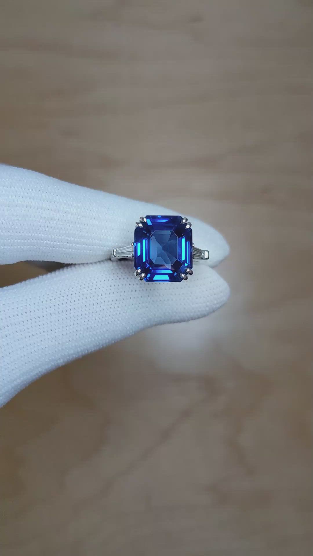 8.12 Ct. Blue Sapphire and Natural Diamond Three Stone Ring, 14K White Gold Size Video
