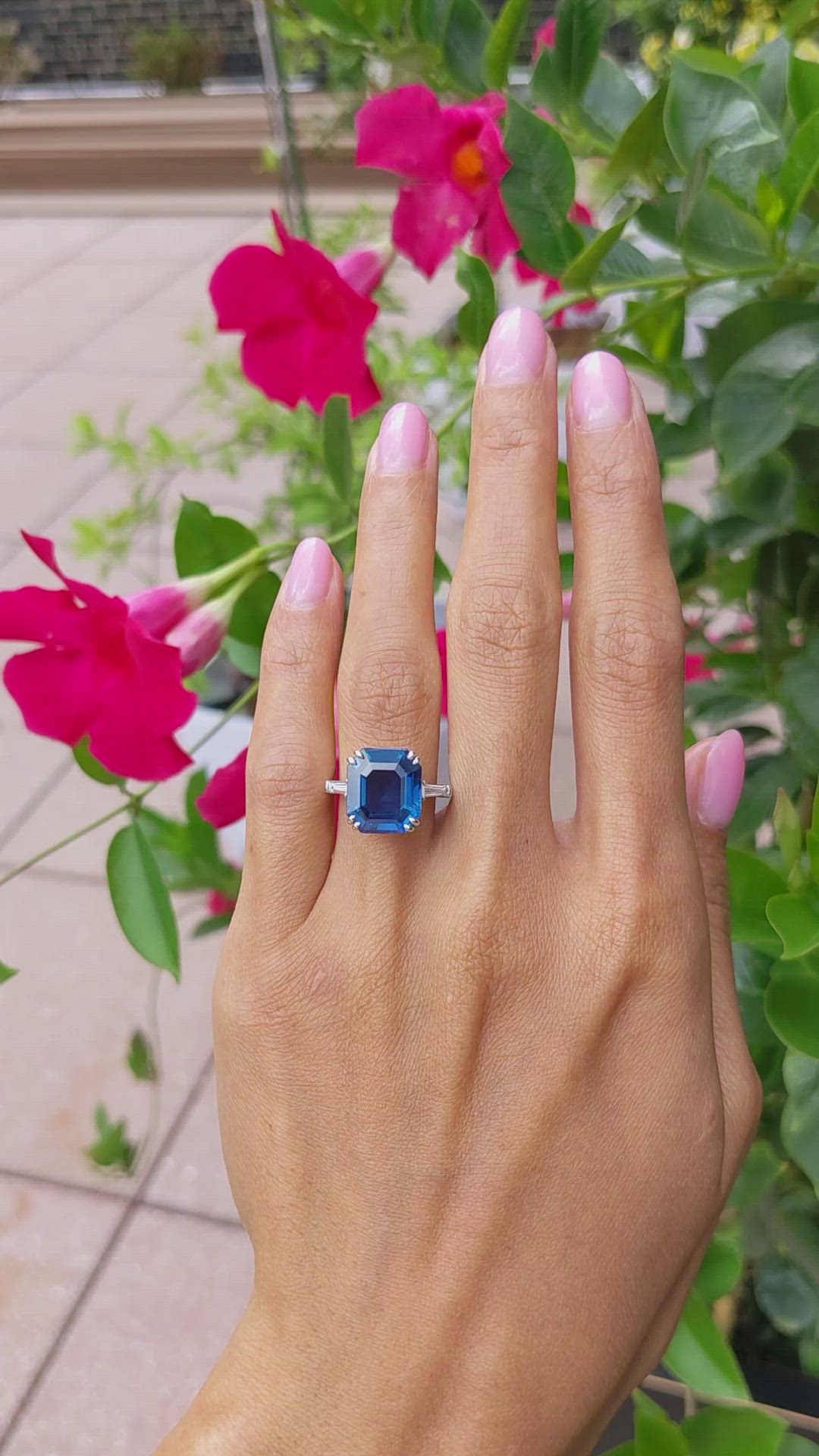 8.12 Ct. Blue Sapphire and Natural Diamond Three Stone Ring, 14K White Gold Size Video