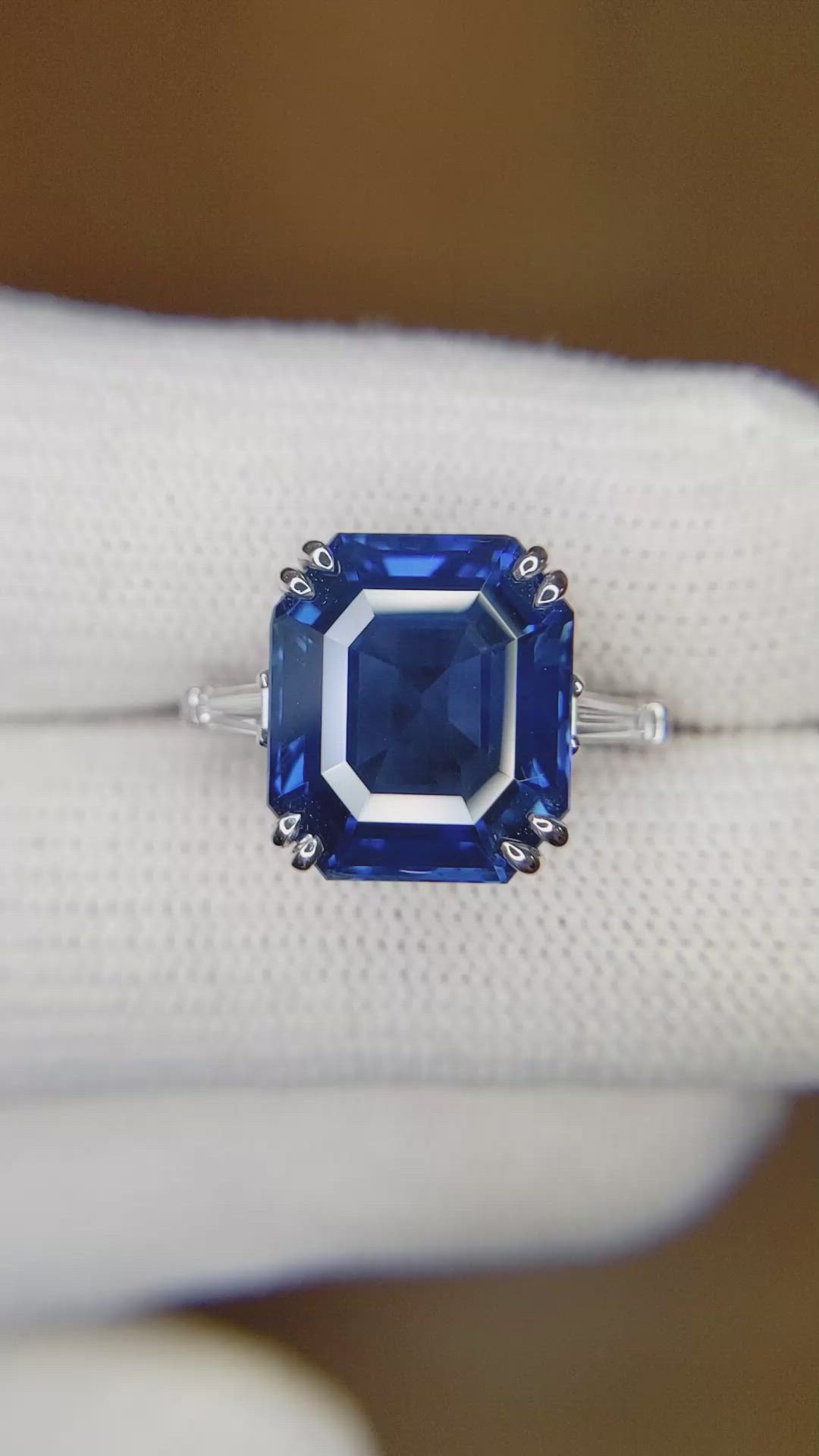 8.12 Ct. Blue Sapphire and Natural Diamond Three Stone Ring, 14K White Gold Size Video