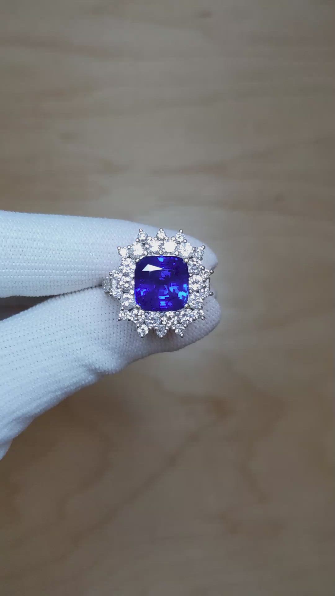 5.74 Ct. Blue Sapphire and Natural Diamond Pave Ring, Platinum 950 Size Video