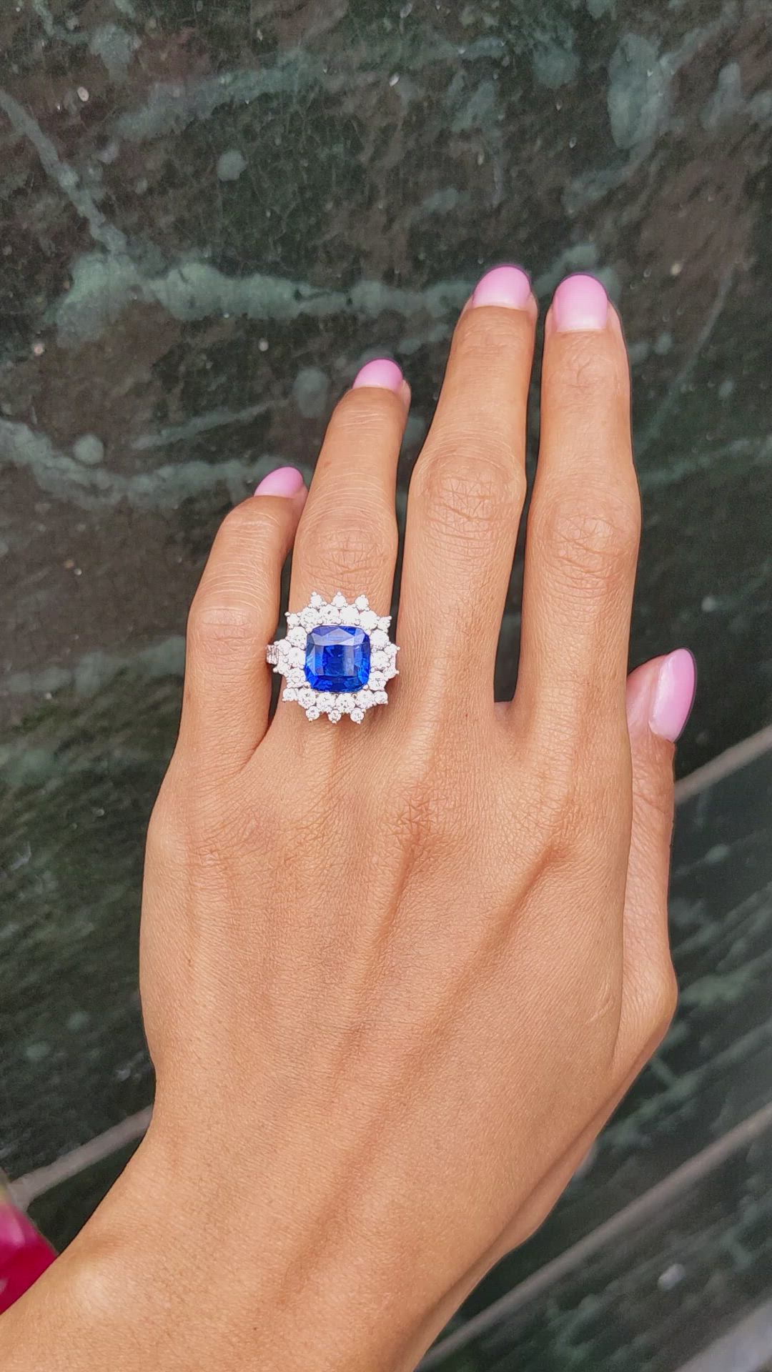 5.74 Ct. Blue Sapphire and Natural Diamond Pave Ring, Platinum 950 Size Video