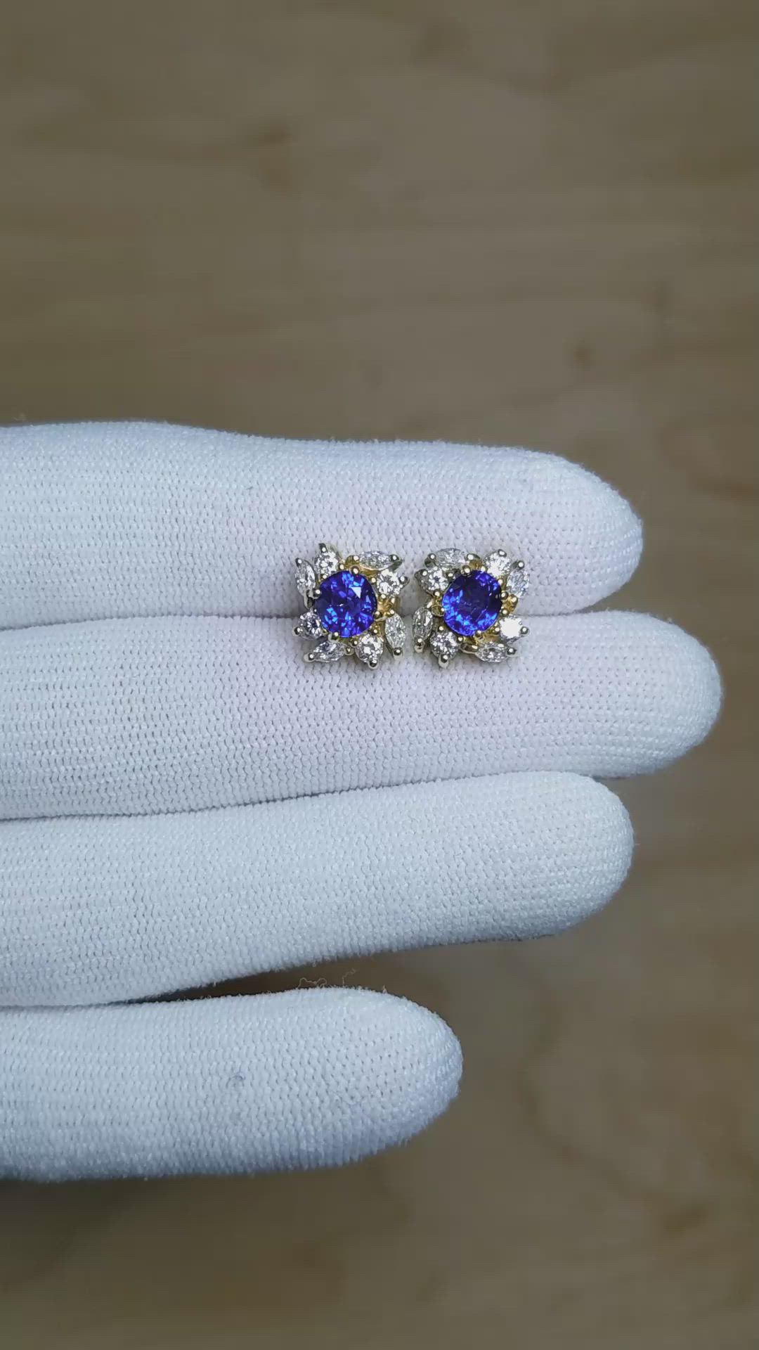1.51 Ct.Tw. Blue Sapphire and Natural Diamond Studs Earrings, 18K Yellow Gold Size Video