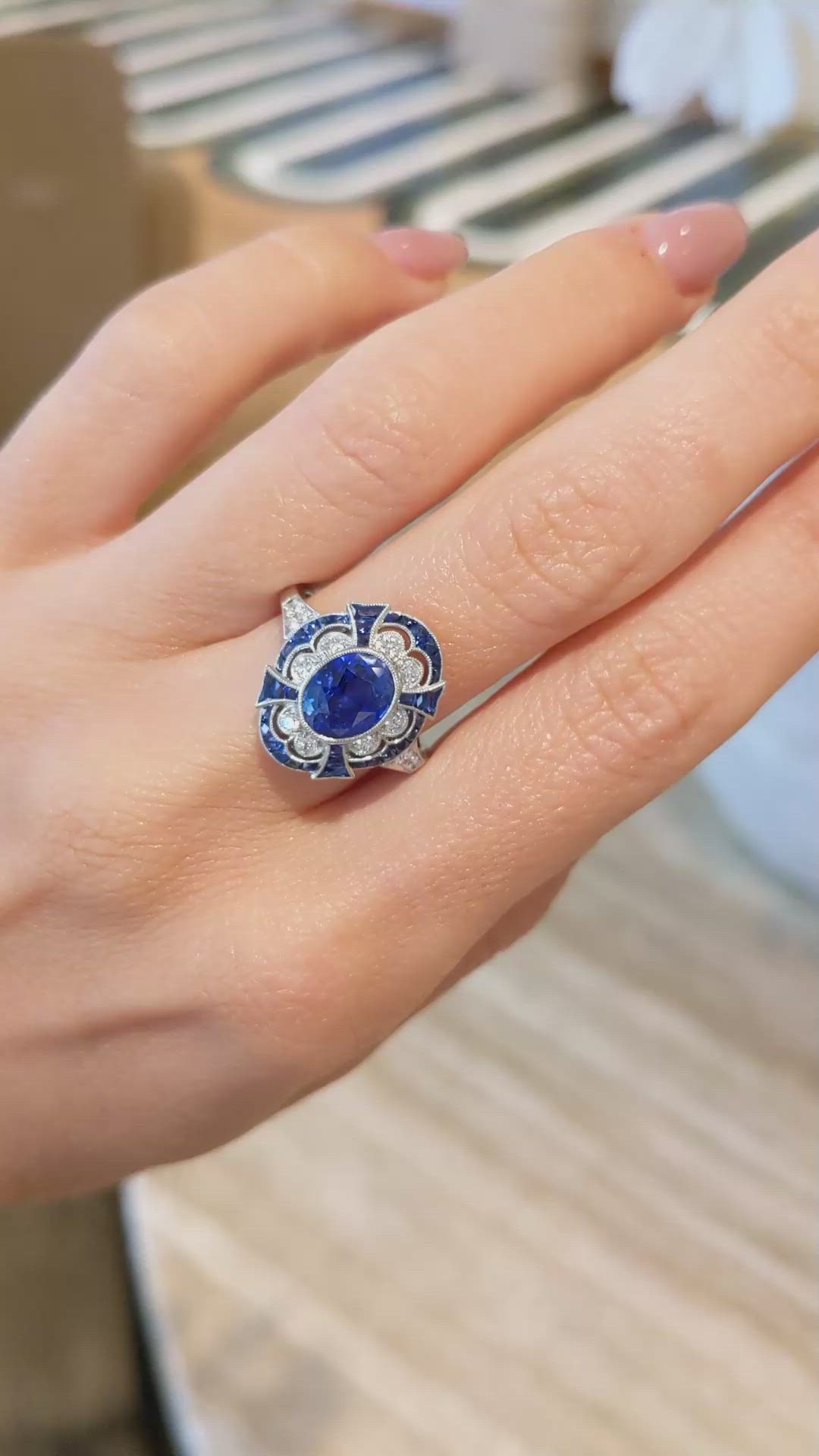 2.12 Ct. Blue Sapphire and Natural Diamond Pave Ring, Platinum 950 Size Video