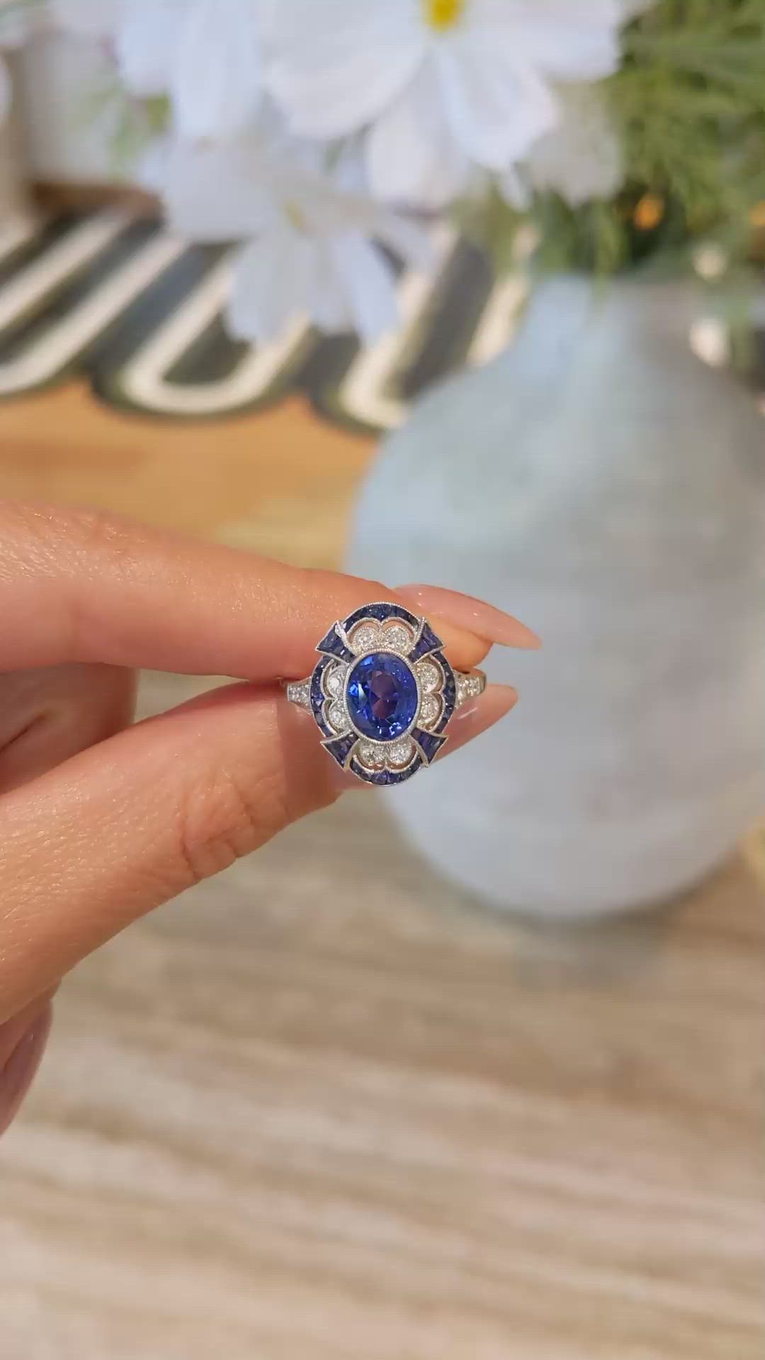 2.12 Ct. Blue Sapphire and Natural Diamond Pave Ring, Platinum 950 Size Video