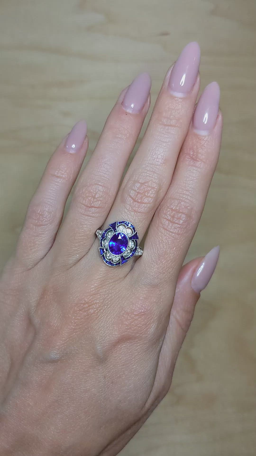 2.12 Ct. Blue Sapphire and Natural Diamond Pave Ring, Platinum 950 Size Video