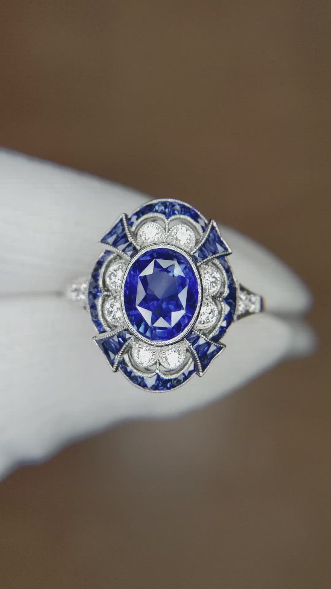 2.12 Ct. Blue Sapphire and Natural Diamond Pave Ring, Platinum 950 Size Video
