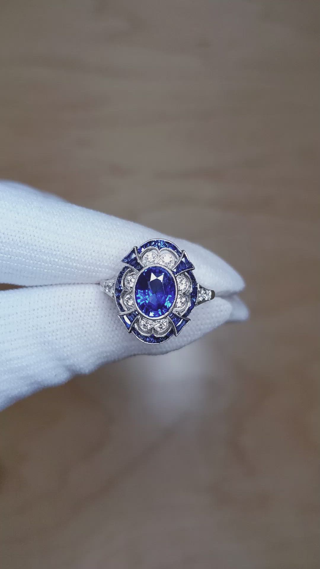 2.12 Ct. Blue Sapphire and Natural Diamond Pave Ring, Platinum 950 Size Video